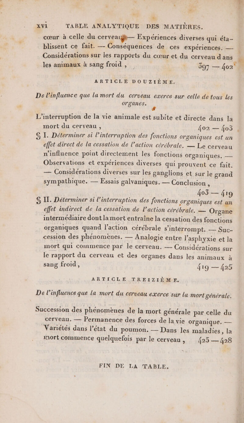 L2 du. Là XVI TABLE ANALYTIQUE DES MATIÈRES. cœur à celle du cerveauÿÿ— Expériences diverses qui éta- blissent ce fait. — Conséquences de ces expériences. — Considérations sur les rapports du cœur et du cerveau d ans les animaux à sang froid , : 397 — 4o2° ARTICLE DOUZIÈME. De l'influence que la mort du cerveau exerce sur celle de tous les organes. L’interruption de la vie animale est subite et directe dans la mort du cerveau , 402 — 403 $ I. Déterminer si l'interruption des fonctions organiques est un effet direct de la cessation de l’action cérébrale. — Le cerveau n'influence point directement les fonctions organiques. — Observations et expériences diverses qui prouvent ce fait. — Considerations diverses sur les ganglions et sur le grand sympathique. — Essais galvaniques. — Conclusion , 403 — 419 S IT. Déterminer si l'interruption des fonctions organiques est un effet indirect de la cessation de l’action cérébrale. — Organe intermédiaire dont lamort entraîne la cessation des fonctions organiques quand l’action cérébrale s’interrompt. — Suc- cession des phénomènes. — Analogsie entre l’asphyxie et la mort qui commence par le cerveau. — Considérations sur le rapport du cerveau et des organes dans les animaux à sang froid, 419 — 425 ARTICLE TREIZIÈME. De l'influence que la mort du cerveau exerce sur la mort générale. Succession des phénomènes de la mort générale par celle du cerveau. — Permanence des forces de la vie organique. — Variétés dans l’état du poumon. — Dans les maladies, la mort commence quelquefois par le cerveau, 425 — 428 FIN DE LA TABLE. x.