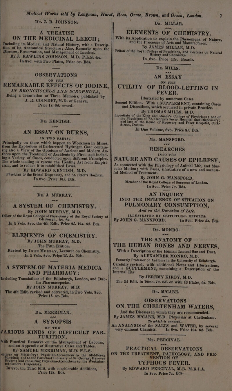 Da. J. R. JOHNSON, A TREATISE ON THE MEDICINAL LEECH; Including its Medical and Natural History, with a Descrip- tion of its Anatomical Structure; Also, Remarks upon the Diseases, Preservation, and Management of Leeches.. _ By J. RAWLINS JOHNSON, M.D. F.LS. &amp;e. In 8vo. with Two Plates, Price 8s. Bds. OBSERVATIONS ‘ - ON THE REMARKABLE EFFECTS OF IODINE, IN BRONCHOCELE AND SCROPHULA, Being a Translation of Three Memoirs, published by ' J. R. COINDET, M.D. of Geneva. Price 1s. 6d. sewed. Dr. KENTISH. II AN ESSAY ON BURNS, IN TWO PARTS; Principally on those which happen to Workmen in Mines, from the Explosions of Carburetted Hydrogen Gas: contain- ing also a View of the Opinions of Ancient and Modern Au- thors upon the Treatment of Accidents by Fire: and includ- ing a Variety of Cases, conducted upon different Principles. The whole tending to rescue the Healing Art from Empiri- cism, and to reduce it to established Laws. By EDWARD KENTISH, M.D. Physician to the Bristol Dispensary, and St. Peter’s Hospital. In 8vo. Price 10s. Bds. Dr. J. MURRAY. Neer A SYSTEM OF CHEMISTRY. By JOHN MURRAY, M.D. inburgh, &amp;c. In 4 Vols. 8vo. the 4th Edit. Price 27. 12s. 6d. Bds. — ELEMENTS OF CHEMISTRY. By JOHN MURRAY, M.D. ie The. Fifth Edition. Revised by Jonn Murray, Lecturer on Chemistry. In 2 Vols. 8vo. Price 12. 5s. Bds. A SYSTEMLOF MATERIA MEDICA AND PHARMACY: Including Translations of the Edinburgh, London, and Dub- lin Pharmacopeias. By JOHN MURRAY, M.D. The 4th Edit. revised and corrected, in Two Vols. Syo. Price 12. 4s. Bds. ‘Dr. MERRIMAN. A SYNOPSIS : OF THE VARIOUS KINDS OF DIFFICULT PAR- | TURITION, With Practical Remarks on‘ the Management of Labours, .. and.an Appendix of illustrative Cases and Tables. By SAMUEL MERRIMAN, M.D. F.L.S. sectnrer on Midwifery: Physician-Accoucheur to the Middlesex » Hospital; and to the Parochial Infirmary of St. George Hanover Square; and consulting Physician-Accoucheur to the Westmins- ter General Dispensary. In 8vo. the Third Edit. with considerable Additions, —_, Price 12s. Bds. : Dr. MILLAR. ELEMENTS OF CHEMISTRY, With its Application to explain the Phenomena of Nature, and the Processes of Arts and Mantfactures. b By JAMES MILLAR, M.D. Fellow of the Royal College of Physicians, and Lecturer on Natural ; History and Chemistry. In 8vo. Price 12s. Boards. Dr. MILLS. AN ESSAY ON THE BLOOD-LETTING IN FEVER. Illustrated by numerous Cases. Second Edition. With a SUPPLEMENT, containing Cases and Dissections, which occurred in private Practice. By THOMAS MILLS, M.D. Licentiate of the King and Queen’s College of Physicians; one of the Physicians of St. George’s Fever eee and Dispensary; and late of the House of Recovery and Fever Hospital, Cork- Street, Dublin. 4 In One Volume, 8vo. Price 8s. Bds. Mr. MANSFORD. RESEARCHES INTO THE NATURE AND CAUSES OF EPILEPSY, As connected with the Physiology of Animal Life, and Mus- cular Motion; with Cases, illustrative of a new and success- ful Method of Treatment. By JOHN G. MANSFORD, Member of the Royal College of Surgeons of London. In 8vo. Price 7s. Bds. AN INQUIRY INTO THE INFLUENCE OF SITUATION ON PULMONARY CONSUMPTION, And on the Duration of Life. ILLUSTRATED. BY STATISTICAL REPORTS. In 8vo. Price 5s. Bas. Dr. MONRO. tre THE ANATOMY OF With a Description of the Human Lacteal Sac and Duct, By ALEXANDER MONRO, M.D. Formerly Professor of Anatomy in the University of Edinburgh, Carefully revised, with additional Notes and Illustrations, and a SUPPLEMENT, containing a Description of the Internal Ear. a gs By JEREMY KIRBY, M.D. The 3d Edit. in 12mo. 7s. 6d. or with 13 Plates, 9s. Bds. Dr. M‘CABE. OBSERVATIONS ON.THE CHELTENHAM WATERS, And the Diseases in which they are recommended. By JAMES M‘CABE, M.D. Physician at Cheltenham. To which is annexed, . very eminent Chemists. In 8vo. Price 10s. 6d. Bds. Mr. PERCIVAL. PRACTICAL OBSERVATIONS ON THE TREAD ts PATHOLOGY, AND PRE- VENTION OF © TYPHOUS FEVER. By EDWARD PERCIVAL, M.B. M.R.I.A. ' In 8vo. Price 7s. Bds-