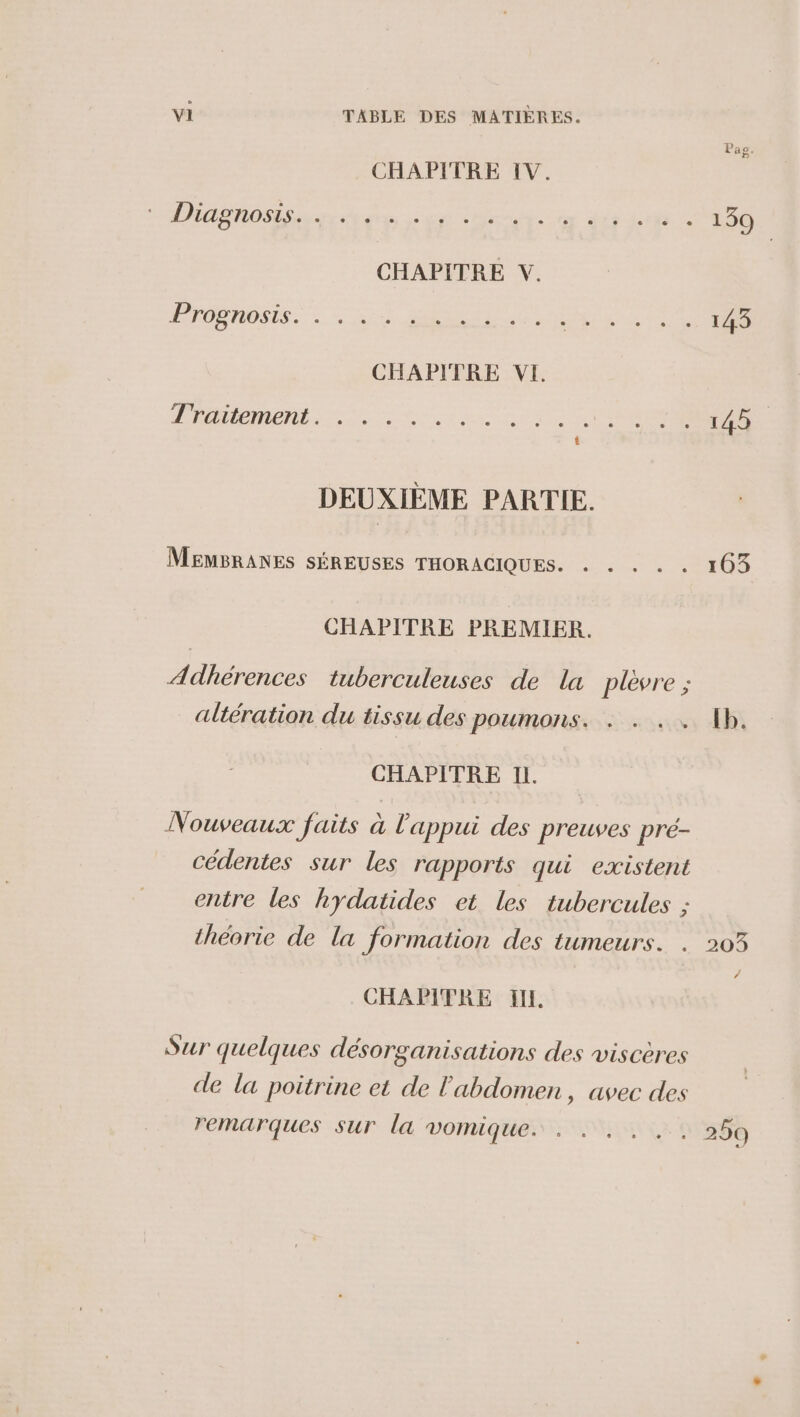 vi TABLE DES MATIÈRES. CHAPITRE IV. NANOSES sare ere yo wig Arr dit LR 139 | As (a1) su. ent ew ee eee 145 LLCS LL) TR a a eee ee EE Re DEUXIÈME PARTIE. MEMBRANES SÉREUSES THORACIQUES. . . . . . 163 CHAPITRE PREMIER. Adhérences tuberculeuses de la plevre ; altération du tissu des poumons. . . .. hb. CHAPITRE Il. Nouveaux faits à l'appui des preuves pré- cédentes sur les rapports qui existent entre les hydatides et les tubercules ; théorie de la formation des tumeurs. . 203 CHAPITRE IIL. Sur quelques désorganisations des viscères de la poitrine et de l'abdomen, avec des remarques sur la vomique. . . . . .. 259