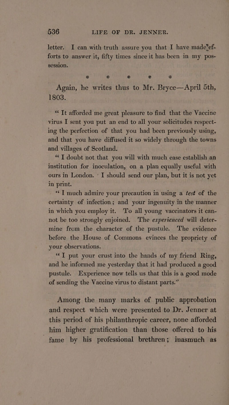 letter. I can with truth assure you that I have made’ef- forts to answer it, fifty times since it has been in my pos- session. * a * # *% Again, he writes thus to Mr. Bryce—April 5th, 1803. *‘ It afforded me great pleasure to find that the Vaccine virus I sent you put an end to all your solicitudes respect- ing the perfection of that you had been previously using, and that you have diffused it so widely through the towns and villages of Scotland. ** I doubt not that you will with much ease establish an institution for inoculation, on a plan equally useful with ours in London. ° I should send our plan, but it is not yet in print. _ “T much admire your precaution in using a fest of the certainty of infection; and your ingenuity in the manner in which you employ it. To all young vaccinators it can- not be too strongly enjoined. ‘The experienced will deter- mine from the character of the pustule. ‘The evidence before the House of Commons evinces the propriety of your observations. “J put your crust into the hands of my friend Ring, and he informed me yesterday that it had produced a good pustule. Experience now tells us that this is a good mode of sending the Vaccine virus to distant parts.” Among the many marks of public approbation and respect which were presented to Dr. Jenner at this period of his philanthropic career, none afforded him higher gratification than those offered to his ~ fame by his professional brethren; inasmuch as