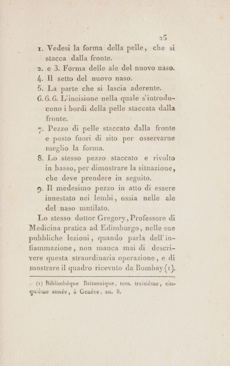 1. Vedesi la forma della pelle, che si stacca dalla fronte. | 2. e 3. Forma delle ale del nuovo naso. 4. Il setto del nuovo naso. 5. La parte che si lascia aderente. 6.6.6. L'incisione nella quale s'introdu- cono i bordi della pelle staccata dalla fronte. m. Pezzo di pelle staccato dalla fronte e posto fuori di sito per osservarne meglio la forma. 8. Lo stesso pezzo staccato e rivolto in basso, per dimostrare la situazione, che deve prendere in seguito. o. Il medesimo pezzo in atto di essere innestato nei lembi, ossia nelle ale del naso mutilato. Lo stesso dottor Gregory, Professore di Medicina pratica ad Edimburgo, nelle sue pubbliche lezioni, quando paria dell’in- fiammazione, non manca mai di descri- vere questa straordinaria operazione, e di mostrare il quadro ricevuto da Bombay (1). (1) Bibliothéque Britannique, tom. treiziéme, cine quiéme année, a Geneve, an. 8.