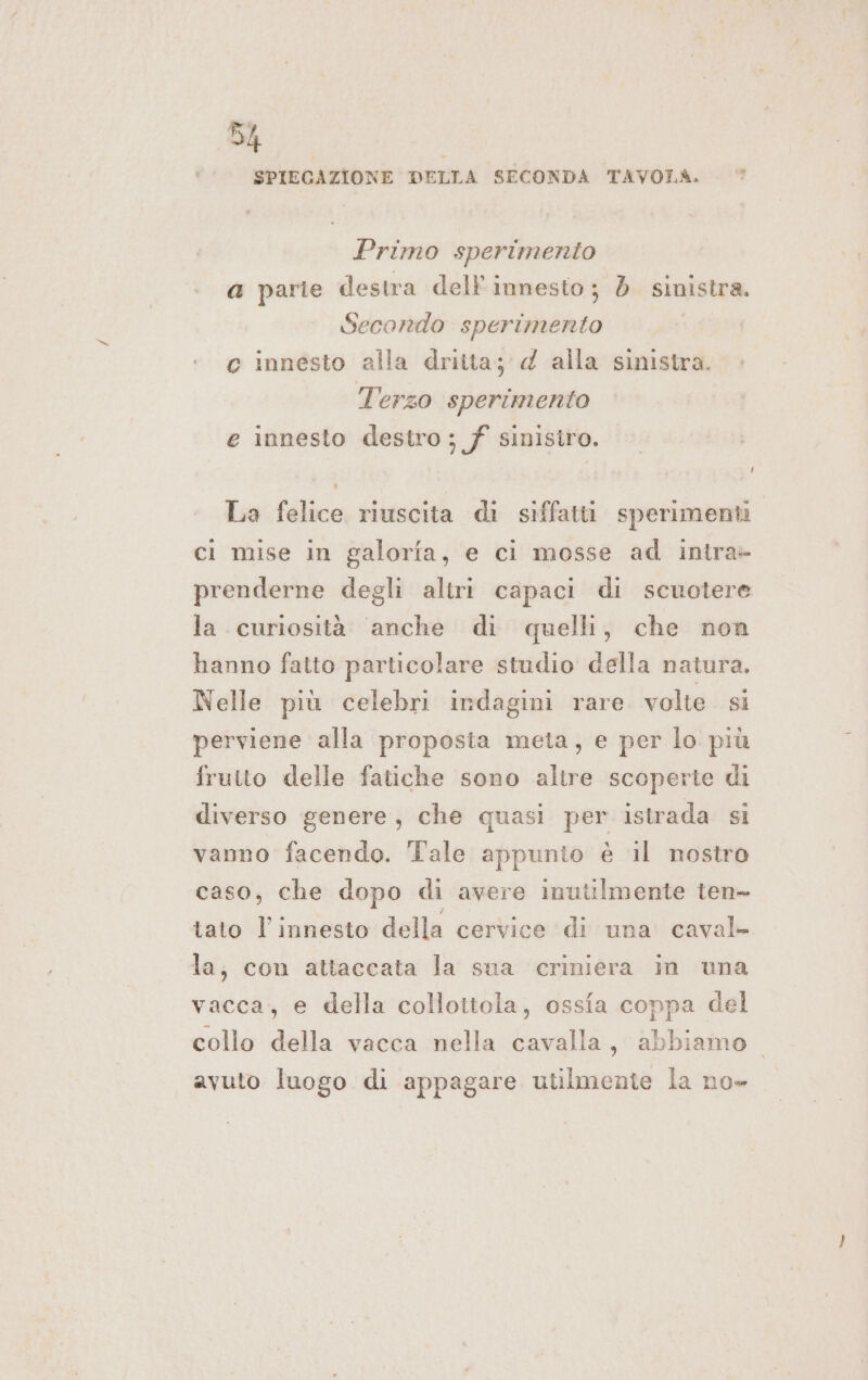 SPIEGAZIONE DELLA SECONDA TAVOLA. * Primo sperimento a parte destra dell'innesto; d sinistra. Secondo sperimento c innesto alla dritta; « alla sinistra. Terzo sperimento e innesto destro; f sinistro. La felice riuscita di siffatti sperimenti ci mise in galoria, e ci mosse ad intra» prenderne degli altri capaci di scuotere la curiosità anche di quelli, che non hanno fatto particolare studio della natura. Nelle più celebri indagini rare volte si perviene alla proposta meta, e per lo più frutto delle fatiche sono altre scoperte di diverso genere, che quasi per istrada si vanno facendo. Tale appunto è il nostro caso, che dopo di avere inutilmente ten- tato l'innesto della cervice di una caval la, con attaccata la sua criniera in una vacca, e della collottola, ossia coppa del collo della vacca nella cavalla, abbiamo. avuto luogo di appagare utilmente la no»