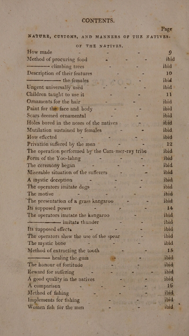 x . CONTENTS. Page NATURE, CUSTOMS, AND MANNERS OF THE NATIVES. OF THE NATIVES. How made - - i 9 Method of procuring food - - ~ ibid climbing trees - > ibid Description of their features - - 10 the females ~~ - - ibid Ungent universally used ~ sgh ie ibid Children taught to use it - - 1k Ornaments for the hair ~ - : i eae Paint for the® face and body  - ibid Scars deemed ornamental hee - ibid Holes bored in the noses of the natives > rbid Mutilation sustained by females - * ibid. How effected - : - ibid Privation suffered by the men - - 12. The operation performed by the Cam-mer-ray tribe ibid Form of the Yoo-lahng . - - ibid The ceremony began - - - ibid Miserable situation of the sufferers - eae. ibid A mystic deception - - - ibid The operators imitate dogs - ais rbid The motive . - - - ‘ibid ‘The presentation of a grass kangaroo - + ibid Its supposed power - + se te 14 The operators imitate the kangaroo - ibid. — imitate thunder - > ibid Its supposed effects ~ - He bid The operators shew the use of the spear - ibid The mystic bone - pegs - ibid ‘Method of extracting the tooth > = ie heahng the gum . = ibid ‘The honour of fortitude mii a) - ibid Reward for suffering - cos + - ibid A good quality in the natives eT . ibid _A comparison easier 3: - ee 16 Method of fishing - Thi i ibid. Implements for fishing _ ~ - ibid Women fish forthe men s,s = | ny ibid.