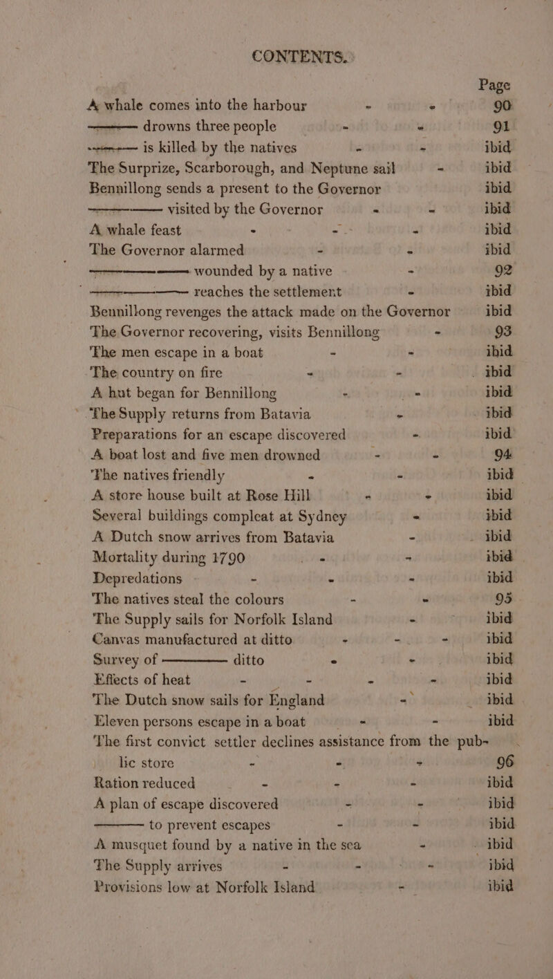 Provisions low at Norfolk Island - Page &amp; whale comes into the harbour - e 90. ———— drowns three people - - 91 -iene-— is killed by the natives - 8 ibid The Surprize, Scarborough, and Neptune sail - ibid Bennillong sends a present to the Governor ibid visited by the Governor - ” ibid A. whale feast > -. - ibid The Governor alarmed - . ibid wounded by a native x 92 reaches the settlement - ibid Beunillong revenges the attack made on the Governor ibid The Governor recovering, visits Bennillong - 93 ‘The men escape in a boat - - ibid The country on fire - - . Ibid A hut began for Bennillong - _ ibid ’ The Supply returns from Batavia - ibid Preparations for an escape discovered - ibid A. boat lost and five men drowned - - Ou ‘The natives friendly se * ibid — A store house built at Rose Hill Se « ibid. Several buildings compleat at Sydney = ibid A Dutch snow arrives from Batavia - _ ibid Mortality during 1790 goa = ibid Depredations ~ - - ibid ‘The natives steal the colours - - 95 The Supply sails for Norfolk Island - ibid Canvas manufactured at ditto - . - ibid Survey of —————- ditto © telstra ibid Effects of heat - fa ine - - ibid The Dutch snow sails for England - ibid Eleven persons escape in a boat - - ibid The first convict settler declines assistance from the pub- —. lic store ~ - > 96 Ration reduced af IN - - ibid A plan of escape discovered - - ibid to prevent escapes - - ibid A. musquet found by a native in the sea - — ibid The Supply arrives - - Ties ibid