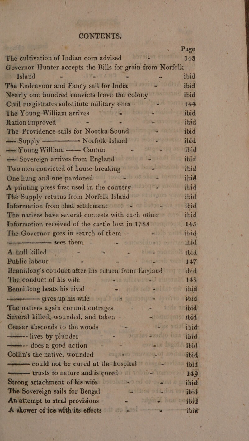 The cultivation of Indian corn advised 143 ' sland - - . The Endeavour and Fancy sail for India Civil magistrates substitute panei ones The Young William arrives © = Ration improved : i The Providence sails for Nootka Sound —+ Supply — Norfolk Island +- Young William Canton - s+ Sovereign arrives from England Two men convicted of house-breaking One hung and one pardoned Oe A ptinting press first used in the country The Supply returns from Norfolk Island The Governor goes in search of them . — sees them. - A bull killed | _ “ - Public labour - é The, conduct. of his wife - Bennillong beats his rival “i gives up his wife + The natives again commit outrages Several killed, wounded, and taken Ceasar absconds to the woods - ——-- lives by plunder - ——-- does a good action . - Collin’s the native, wounded - ————- could not be cured at the hospital ——ee—— trusts to nature and is cured Strong attachment of his wife i a 2 The Sovereign sails for Bengal - An attempt to steal provisions - _ A shower of ice with its effects = - = ibid ibid 144. ibid ibid ibid ibid ibid ibid ibid © ibid ibid ibid ibid ibid 145 ibid ibid ibid 147 ibid 148 ibid ibid ibid thid ibid ibid ibid ibid ibid 149 ibid ihie?