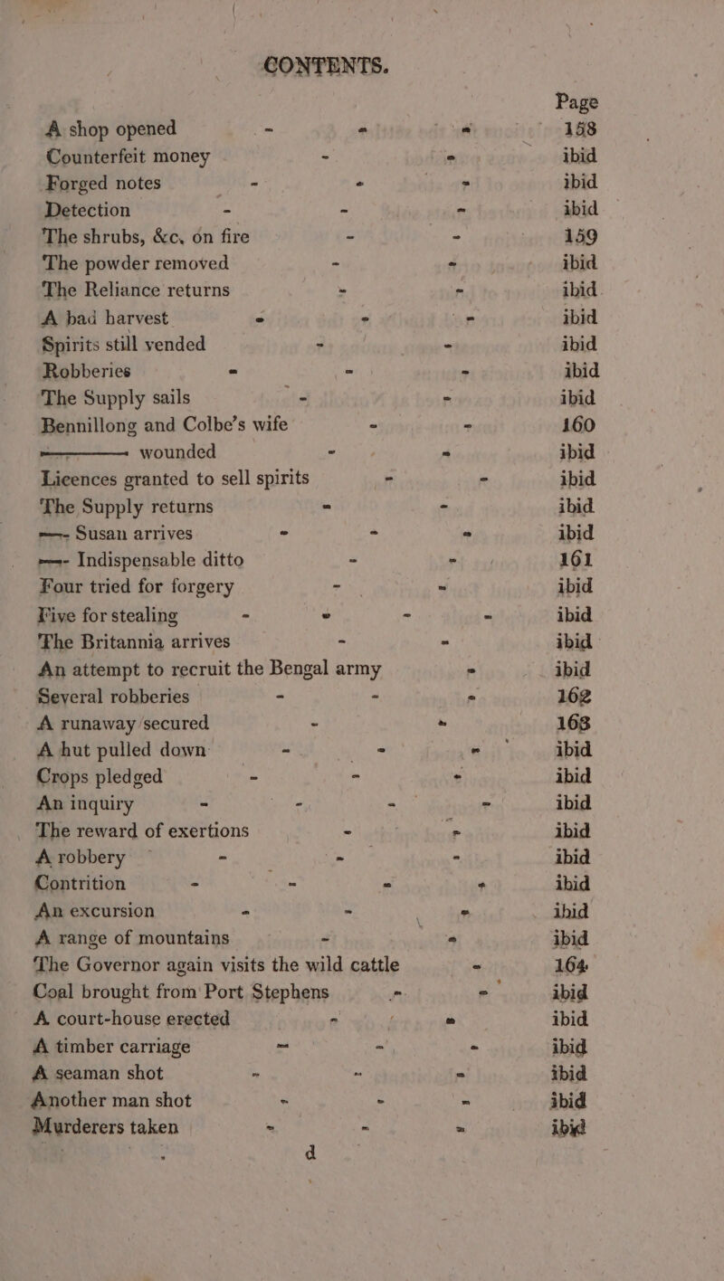 Page A shop opened = - a) 158 Counterfeit money - ° ibid Forged notes ie oie . baa ibid Detection - ~ ~ ibid The shrubs, &amp;c, on fire - = | 159 The powder removed - fans ibid The Reliance returns ae ty - ibid A bad harvest - 2 _ ibid Spirits still vended - - ibid Robberies = os - ibid The Supply sails = - ibid Bennillong and Colbe’s wife . - 160 . wounded cee ~ ibid Licences granted to sell spirits = - ibid The Supply returns = - ibid —- Susan arrives ° > ° ibid -—-- Indispensable ditto - - 161 Four tried for forgery an ~ ibid Five for stealing - - - - ibid The Britannia arrives - * ibid : An attempt to recruit the Bengal army * ibid Several robberies | - - = 162 A runaway ‘secured - “ 163 A hut pulled down =. - - ibid Crops pledged Piet - - ibid An inquiry ~ as - - ibid _ The reward of exertions fe op ibid Arobbery — - ae - ibid Contrition - ian - * ibid An excursion - - : &amp; ibid A range of mountains - ee eee ibid The Governor again visits the wild cattle = 164 Coal brought from Port Stephens > - | ibid A court-house erected - f 2 ibid A timber carriage S - - ibid A seaman shot ~ ” = ibid Another man shot ~ - - abid Murderers taken a A Fs ibid