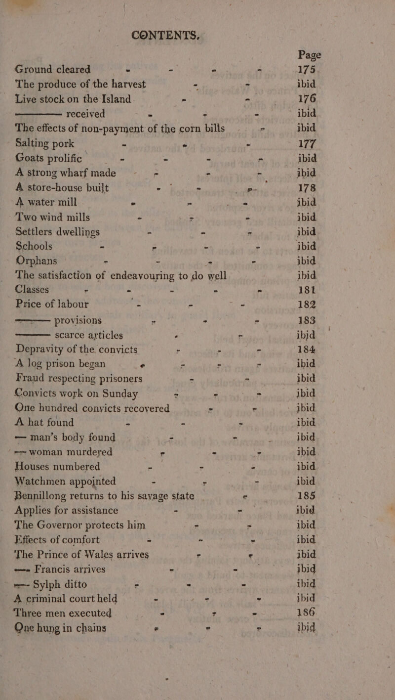 Page Ground cleared a - - - 175 The produce of the harvest - - ibid Live stock on the Island. - - moraine f 3 recelved = : - ibid The effects of non-payment of the corn bills __- > ibid Salting pork - . - 177 Goats prolific _—- = “ 2 ibid A strong wharfmade - - - - _ ibid A store-house built - ~ ee 178 A water mill - - gait ibid Two wind mills - + - ibid Settlers dwellings - - - ibid Schools - z ~ - ibid Orphans - - - - ibid The satisfaction of endeavouring to do well ibid Classes - - _ - ~ 181 Price of Jabour Pe - - 182 — provisions a - 183 scarce articles . = ibid Depravity of the. convicts » - oo 184 A log prison began e - = - ibid Fraud respecting prisoners = Lianbepatennt ibid Convicts work on Sunday : . a ibid One hundred conyicts recoyered - - ibid A hat found Ls bs ‘ ibid -— man’s body found - - ‘ ibid -~ woman murdered r . - ibid Houses numbered - - - ibid Watchmen appojnted - - agate ibid Bennillong returns to his savage state _ © 185 Applies for assistance - eS ibid. The Governor protects him - > ibid Effects of comfort - ~ “ ibid The Prince of Wales arrives , © ibid —- Francis arrives - a oe ibid =-- Sylph ditto 2 * © ibid A criminal court held - - ° ibid ‘Three men executed - : 186 One hung in chains “ ° = ibid