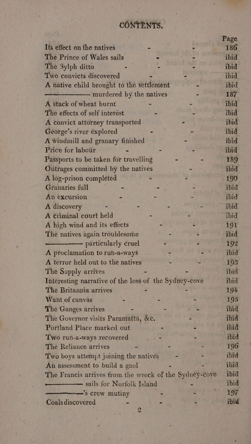 Its effect on the natives - > The Prince of Wales sails . a The Sylph ditto . - ee Two convicts discovered 2 - A tative child brought to the settlement -—-- — murdered by the natives - A stack of wheat burnt - ~ The effects of self interest - é. A convict attorney transported - George’s river éxplored - - A Windmill and granary finished - Price for labour _ - - Outrages committed by the natives Wore A log-prison completed - 2 Granaries full - - 2 An excursion - - A discovery - ~ 3 vee A criminal court held - b A high wind and its effects - - The natives again troublesome - - particularly cruel - - A terror held out to the natives - - The Supply arrives - - Interesting narrative of the loss of the Sydney-cove The Britannia arrives - - Want of canvas ~ - - The Ganges arrives - - = The Governor visits Paramatta, &amp;c. - Portland Place marked out - . Two run-a-ways recovered jade - The Reliance arrives - - ~ Two boys attempt joining the natives - - An assessment to build a gaol - : — sails for Norfolk Island | = : —'s crew mutiny 2 Coals discovered i Me a 2