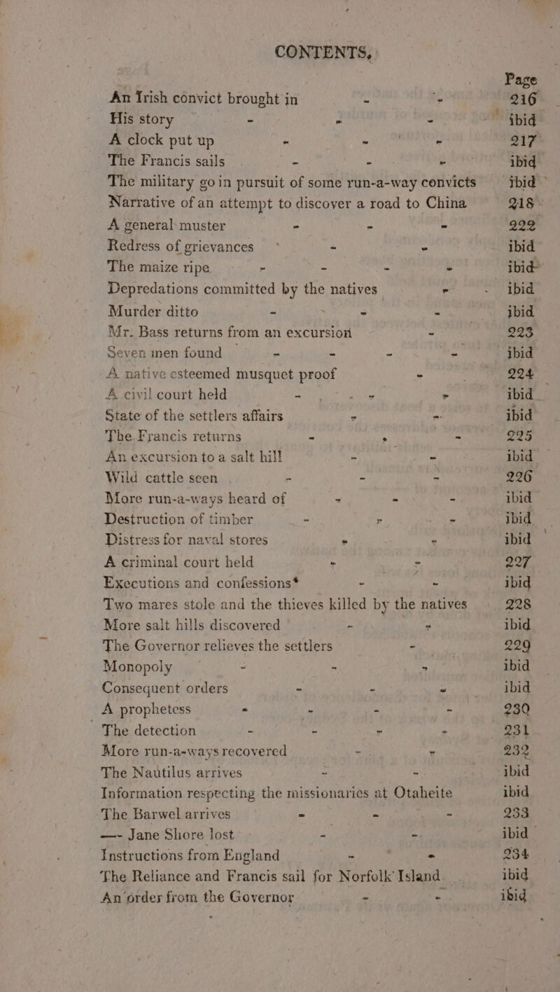 ¢ _ CONTENTS, An frish convict brought jn i: His story Ms Z i A clock put up - ikem ~ The Francis sails . ie a The military goin pursuit of some run-a-way convicts Narrative of an attempt to discover a road to China A general muster - A A Redress of grievances ° - - The maize ripe - - ns is Depredations committed by the natives - Murder ditto - e - Mr. Bass returns from an excursion ~ Seven men found © - ~ ~ = A. native esteemed musquet proof - A civil court held avi ier > State of the settlers affairs “ - The. Francis returns a A i = An excursion toa salt hill ~ ; - Wild cattle seen - - - More run-a-ways heard of - - - Destruction of timber - re - Distress for naval stores “ 7 A criminal court held - ° Executions and confessions* iar > es Two mares stole and the thieves killed by the natives More salt hills discovered , - | “ The Governor relieves the settlers re Monopoly _ - a ‘3 Consequent orders - : A prophetess - - bk 4 - The detection - : a . More run-a-ways recovered miki 8 The Nautilus arrives - ~ Information respecting the missionaries at Otaheite The Barwel arrives - ~ ~ —- Jane Shore lost ae Ag Instructions from England - ) - The Reliance and Francis sail for Norfolk Island. _. An order from the Governor - -