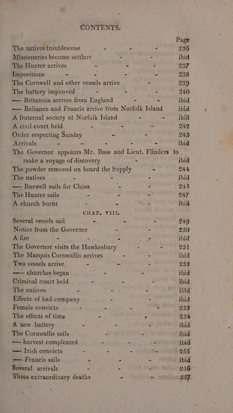 Page The natives troublesome oe . “ 936 Missionaries become settlers = - ibid The Hunter arrives S - 937 Impositions - - - - 238 The Cornwell and other vessels arrive - 239 The battery improved - -, 240 ~—-- Britannia arrives from England — - - ibid _=—- Reliance and Francis arrive from Norfolk Island ibid A fraternal society at Norfolk Island ~ - ibid A civil court held Sear - - 242 Order respecting Sunday - “ 243 Arrivals : ~ - - - ibid The Governor appoints Mr. Bass and Lieut. Flinders to. make a voyage of discovery - ibid The powder removed on board the Supply > 244 ‘The natives - - - ibid —- Barwell sails for China - = 245 The Hunter sails - - Sy 247 A church burnt . - - ibid ; CHAP, VIIl. Several vessels sail ~ - - 249 Notice from the Governor — - - 250 A fire th - ° 7, pea ibid The Governor visits the Hawkesbury - Pe fe The Marquis Cornwallis arrives - - ibid Two vessels arrive =n - 252 —-- churches began - = ibid Criminal court held - = - ibid The natives f ~ “ ae Effects of bad company - - ibid Female convicts - ~ - - 253 The effects of time - o 254 A new battery , - - - ibid The Cornwallis sails ~ = - ibid —- harvest compleated > mire laes ibid -—=- Trish convicts - “ - ~ 1255 —--Francis sails a - nee ' ibid Several arrivals . - - 256° Three extraordinary deaths nt oh 19th RSE