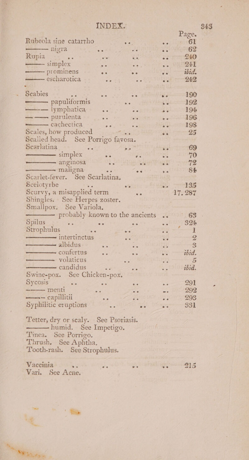 Rubeola sine catarrho sig ——— nigra ee ony eke simplex ee va ———— prominens as ys ——— escharotica oe Scabies ve - oe papuliformis oe ——-—— lymphatica . ar ete purulenta 55 as Scales, how produced e Scalied head. See Porrigo favosa. Scarlatina whe bo simplex “s es anginosa be ve maligna o# oe Scarlet-fever. See Scarlatina, Scelotyrbe bes o° Scurvy, a misapplied term a Shingles. See Herpes zoster. Smallpox. See Variola. probably known to the ancients Spilus ae “s me Strophulus Ss es intertinctus 2; albidus Sa es ————- confertus a os volaticus A candidus ke &lt;e Swine-pox. See Chicken-pox. Sycosis ae - ve ~ menti a sa ——— capillitii AF Fi Syphilitic eruptions a oe Tetter, dry or scaly. See Psoriasis. humid. See Impetigo, | Tinea. See Porrigo. Thrush. See Aphtha. Tooth-rash. See Strophulus. Vaccinia ary ea ve Vari. See Acne. a be , ts
