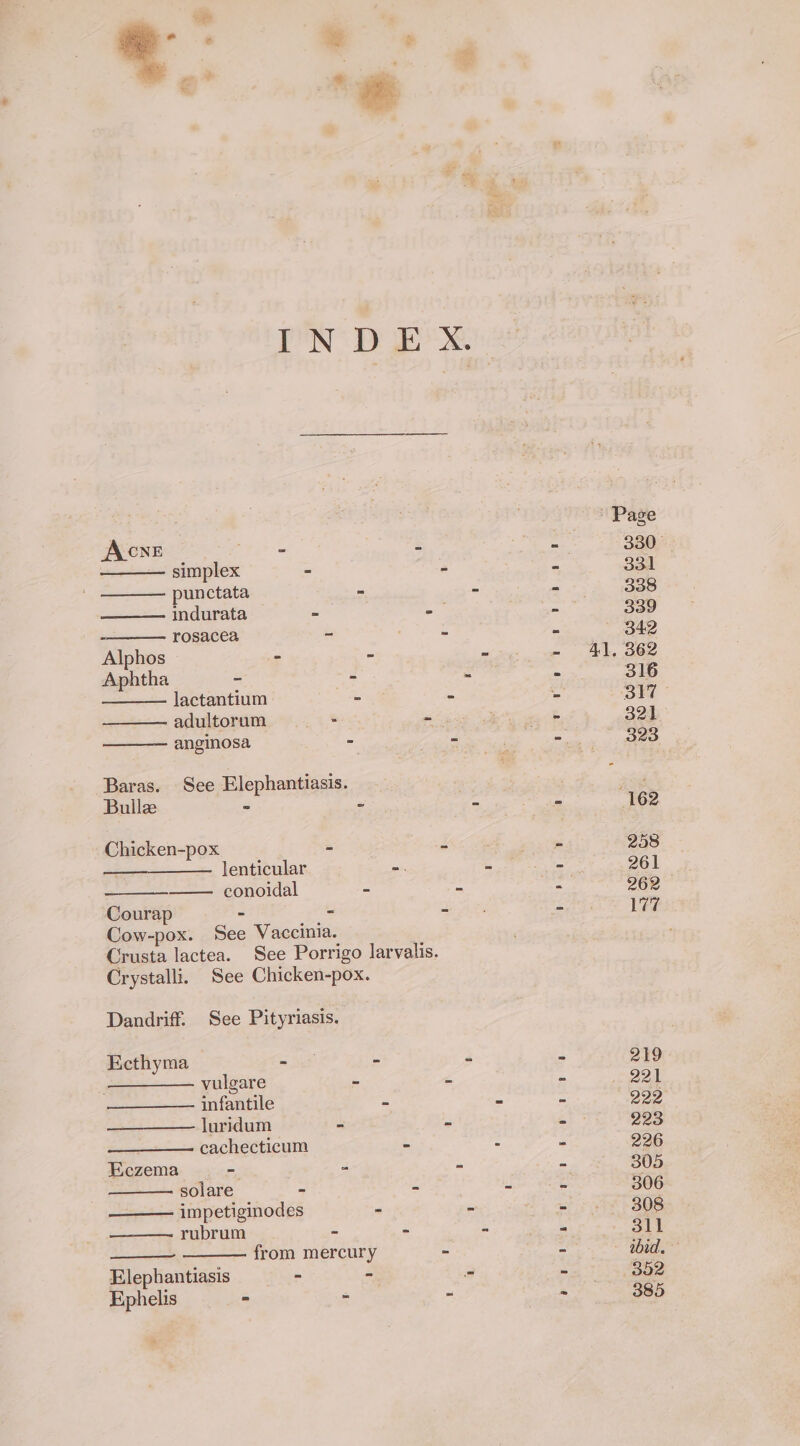 . * Page AcNE Srirs ; Oe re 330° simplex - - - 33d punctata - - - 338 indurata - - - 339 rosacea - - - 342 Alphos - - - = AT, 362 Aphtha - - - - 316 lactantium - » = 317 - adultorum =~ -— bs eek 321 anginosa - - ae 323 Baras. See Elephantiasis. ro Bullze - - - - 162 Chicken-pox - ee ae 258 eee lenticular | -. St a ake 261 conoidal - - a 262 Courap - - Se pat Lee Cow-pox. See Vaccinia. Crusta lactea. See Porrigo larvalis. Crystalli. See Chicken-pox. Dandriff. See Pityriasis. Ecthyma = SEF - - - 219 vulgare - - = geen infantile - = - 22 luridum - - a 223 cachecticum - - - 226 Eczema - - - - 305 solare - > - - 306 impetiginodes - - - . 308 rubrum - - - - es hi: from mercury - - ibid. Elephantiasis - - - - 352 Ephelis : : : to