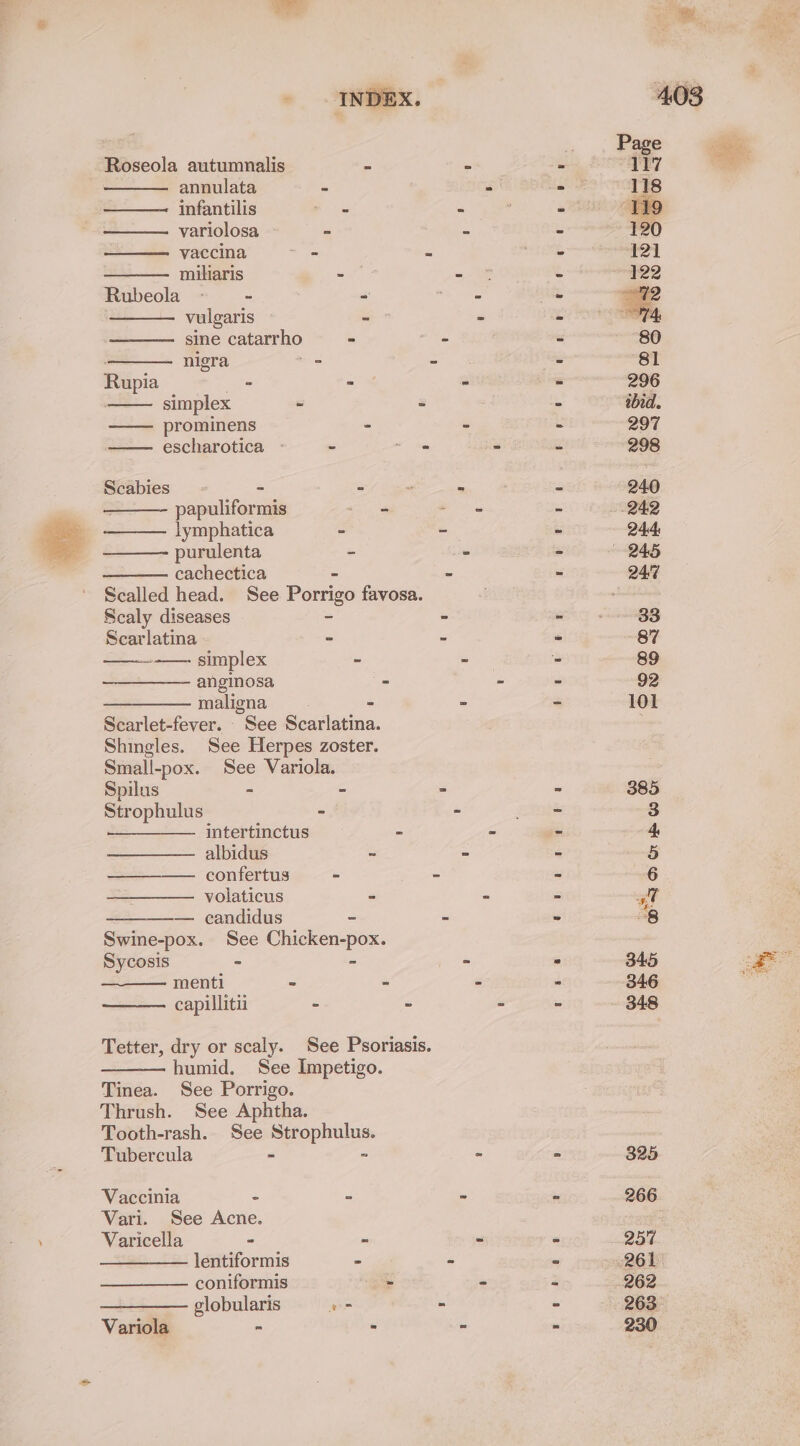 Roseola autumnalis - annulata = infantilis Pe variolosa - | miliaris - Rubeola - - - vulgaris - sine catarrho - nigra . Rupia _ - simplex ~ - prominens - Scabies - - - papuliformis _- lymphatica - purulenta - cachectica =—s = Scalled head. See Porrigo favosa. Scaly diseases - Scarlatina - ——- simplex ~ anginosa = maligna - Scarlet-fever. See Scarlatina. Shingles. See Herpes zoster. Small-pox. See Variola. Spilus - - Strophulus - ——_——.__ intertinctus = albidus - confertus - volaticus - — candidus Swine-pox. See Chieken-pox. Sycosis - menti - - capillitii - - humid, See impetigo. Tinea. See Porrigo. Thrush. See Aphtha. Tooth-rash. See Se Tubercula - Vaccinia - - Vari. See Acne. Varicella - - lentiformis = coniformis ~ globularis oe Variola - = 266 257 263 230