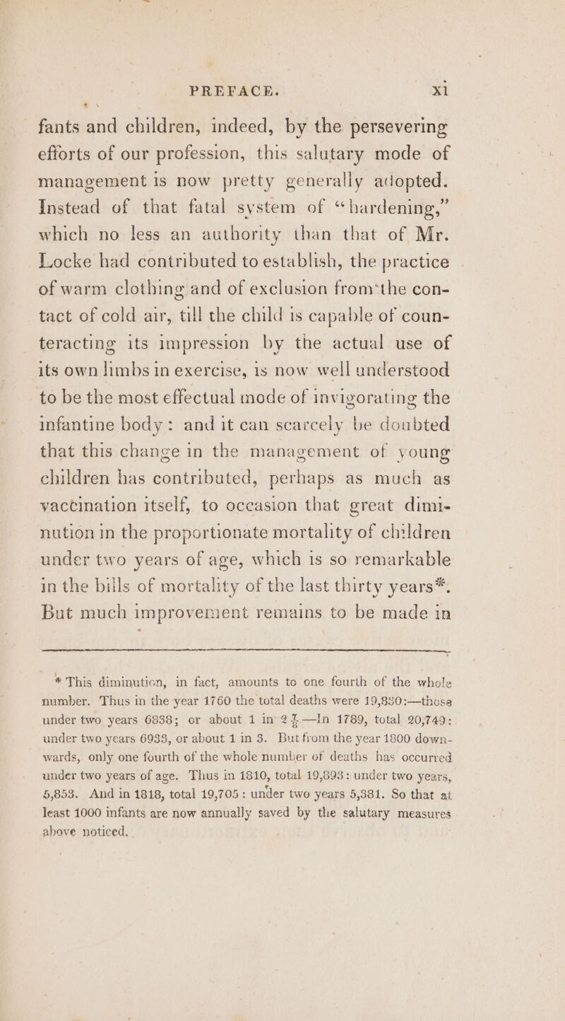 * \ fants and children, indeed, by the persevering efforts of our profession, this salutary mode of management is now pretty generally adopted. Instead of that fatal system of “hardening,” which no less an authority than that of Mr. Locke had contributed to establish, the practice of warm clothing and of exclusion from*the con- tact of cold air, till the child is capable of coun- teracting its impression by the actual use of its own limbs in exercise, is now well understood to be the most effectual mode of invigorating the infantine body: and it can scarcely be doubted that this change in the management of young children has contributed, perhaps as much as vaccination itself, to occasion that great dimi- nution in the proportionate mortality of clildren under two years of age, which is so remarkable in the bills of mortality of the last thirty years*. But much improvement remains to be made in * This diminuticn, in fact, amounts to one fourth of the whole number. Thus in the year 1760 the total deaths were 19,830:—those under two years 6838; or about 1 in 2%—In 1789, total 20,749: under two years 6938, or about 1 in 3. But from the year 1800 down- wards, only one fourth of the whole number of deaths has occurred under two years of age. Thus in 1810, total 19,893: under two years, 5,853. And in 1818, total 19,705: under two years 5,381. So that at least 1000 infants are now annually saved by the salutary measures above noticed, |