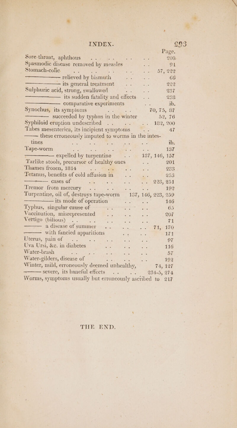 Page Sore-throat, aphthous . . ae -: 208. Spasmodic ke removed by esate: ny 91 Stomach-colic. es Oth = he geo 7 reheved by eee ee u 66 ———— its general treatment ane is 222 Sulphuric acid, strong, swallowed sha ie 237 ————. its sudden fatality and effects. . . 238 comparative anes aA. ib. Synochus, its symptoms 10, 75, 87 — succeeded by typhus in the Winter 52, 76 Syphiloid eruption undescribed . . am a. 1895 200 Tabes mesenterica, its incipient symptoms oe AT these erroneously imputed to worms in the intes- tines Hee ae mT: ie ae ib. ‘lape-worm on Pra 13 — expelled by turpentine: ae 187, 146, 157 Tarlike stools, precursor of wes ones ne 201 Thames frozen, 1814 see Se ig 233 Tetanus, benefits of cold atc in es sae 253 — cases of sie ous a oo, 208 Tremor from mercury. . : ae s 192 Tur pentine, oil of, destroys tape-worm 187, 146, 228, 259 its mode of operation ae ae 146 Typhus, singular cause of nee -secinmdnces 65 Vaccination, a ae outs sr ae 207 Vertigo (bilious) awe wy, oe as Ct a disease of summer .. ta ~ eee £eO) with fancied apparitions Airs wh 171 Uterus, painof .., i3% a es a o7 Uva Ursi, &amp;c. in diabetes 1 be ae 116 Water-brash aa See aes cae &lt;8 Di Water-gilders, disease of tre 102 Winter, mild, erroneously deemed unhealthy, 74, 127 severe, its baneful effects. . As 234-5, 274 Worms, symptoms usually but erroneously ascribed to 217 THE END.