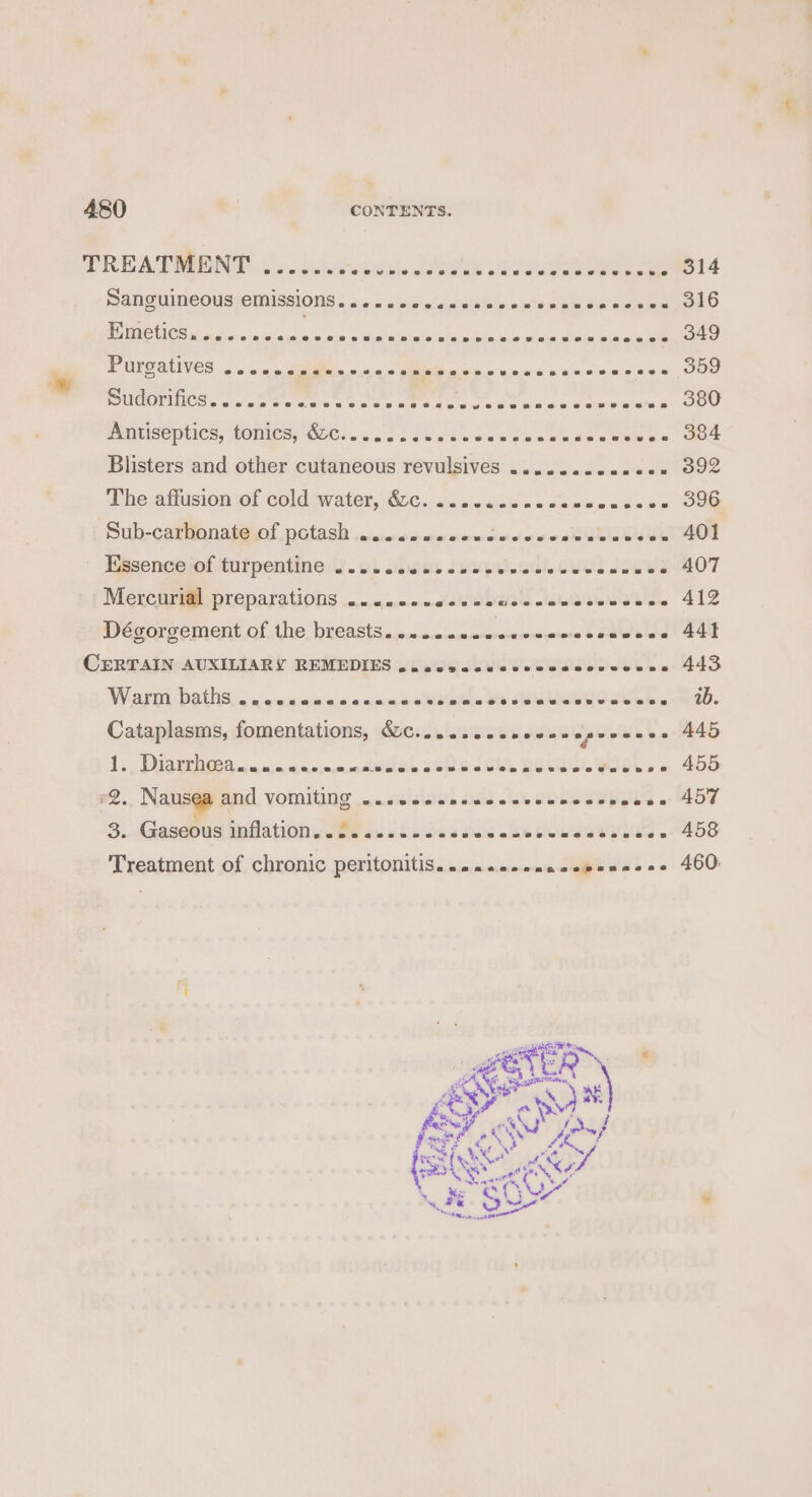 PRÉATRBNT dune mt Jde eye ee Sansumeousiemissions... swieinisimtehe merde STi 2 a Ce D ue PDA UNE de Ro gE la de see SUIS eus Seles o's San Una a co mamas ietn eine D Natiséptics, tonics, Qc... 02 JE otre horse te Blisters and other cutaneous revulsives .. cs. he satlusion of cold water. Ge. ste. comes cons Sub-catfonaiéiof potash nimnnanonndavienes’ Ghiasiur Efsengejofitufpentineit. ot obo. supra Oued JEU IG KCHP DIEDATIUODS mme D DONS SUR Dégorgement of the breasts. LT. Le TRES CERTAIN AUXILIARY REMEDIES ..ccvccccceccccccccens Wearmi: baths: rend sucanensttitel da SENRURENO CURE. Cataplasms, fomentations, BC... mnssnonpessns 1. Dés. sam ntotiél 2608 JR BELO. SEL... F2. Nausea and vomiting smbidiase 266 hr COLBIURLLS . 3. Gaseous inflation, aus Lace vad clin ues. Treatment of chronic peritonitis. ....…..snseponsese 314 316 349 359 380 384 392 396 401 407 412 441 443 1b. 445 455 457 458 460: