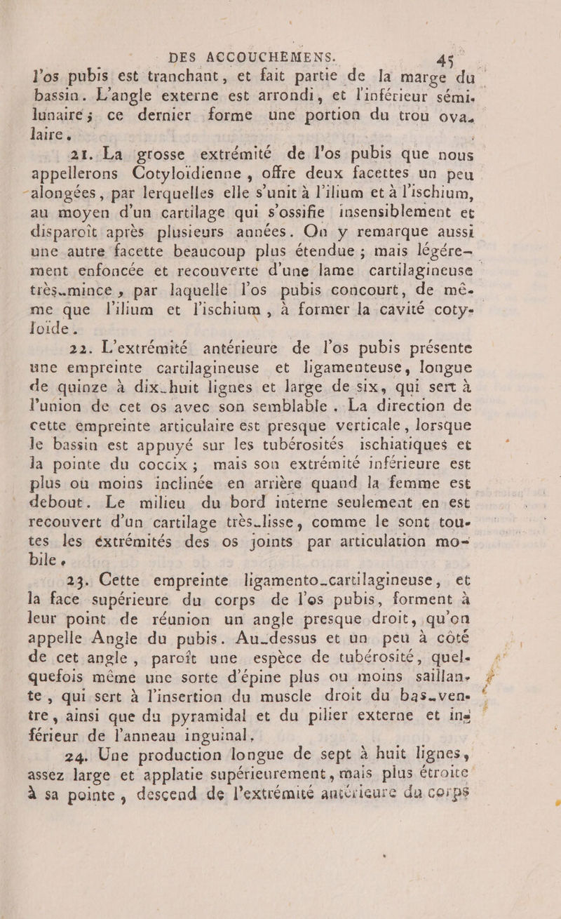 bassin. L’angle externe est arrondi, et l'inférieur sémi. lunaire; ce dernier forme une portion du trou ova. laire, 21. La grosse extrémité de l'os pubis que nous -alongées, par lerquelles elle s’unit à l’ilium et à l’ischium, disparoît après plusieurs années. On y remarque aussi ment enfoncée et recouverte d’une lame cartilagineuse me que lilium et l'ischium , à former la cavité coty- Joide. 22. L'extrémité antérieure de l'os pubis présente une empreinte cartilagineuse et ligamenteuse, Jongue de quinze à dix. huit lignes et large de six, qui sert à l'union de cet os avec son semblable . La direction de cette émpreinte articulaire est presque verticale , lorsque le bassin est appuyé sur les tubérosités ischiatiques et la pointe du coccix ; mais son extrémité inférieure est plus où moins inclinée en arrière quand la femme est debout. Le milieu du bord interne seulemeat en est recouvert d'un cartilage très.lisse, comme le sont tou- tes les éxtrémités des os joints par articulation mo- bile. 23. Cette empreinte ligamento. cartilagineuse, et la face supérieure du corps de l'os pubis, forment à leur point de réunion un angle presque droit, .qu ‘on appelle Angle du pubis . Au_dessus et un peu à côté de cet angle, paroît une espèce de tubérosité, quel. og même une sorte d’épine plus ou moins clans &gt; qui sert à l'insertion du muscle droit du bas.ven- . ainsi que du pyramidal et du PEL externe €t ils bé de l'anneau inguinal, 24. Une production longue de sept à huit lignes, assez large et applatie supérieurement , mais plus étroite à sa pointe, descend de l'extrémité anitrieure du corps