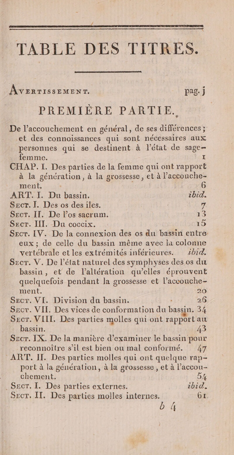 PR TABLE DES TITRES. ÂvEenTissemMEnT. pag. j PREMIÈRE PARTIE. De l’accouchement en général, de ses differences ; et des connaissances qui sont nécessaires aux personnes qui se destinent à l’état de sage- femme. I CHAP.I. Des parties de la femme qui ont rapport à la génération, à la grossesse, et à l’accouche- ment. 6 ART. I. Du bassin. ibid. SEcT. I. Des os des iles. 7 SEcT. II. De l’os sacrum. 15 SECT. III. Du coccix. 15 Sec. IV. De la connexion des os du bassin entre eux ; de celle du bassin même avec la colonne vertébrale et les extrémités inférieures. 2014, Secr. V. De l’état naturel des symphyses des os du bassin, et de l’altération qu’elles éprouvent quelquefois pendant la grossesse et l’accouche- ment. 20 SECT. VI. Division du bassin. 26 Sgct. VII. Des vices de conformation du bassin. 34 SEcr. VIII. Des parties molles qui ont rapport au bassin. 43 SEcT. IX. De la manière d'examiner le bassin pour reconnoître s’il est bien ou mal conformé. 47 ART. IT. Des parties molles qui ont quelque ran- port à la génération, à la grossesse , et à l’accou- chement. 54% . SECT. I. Des parties externes. ibid. SEcT. IT. Des parties molles internes. Gr. b&amp; }