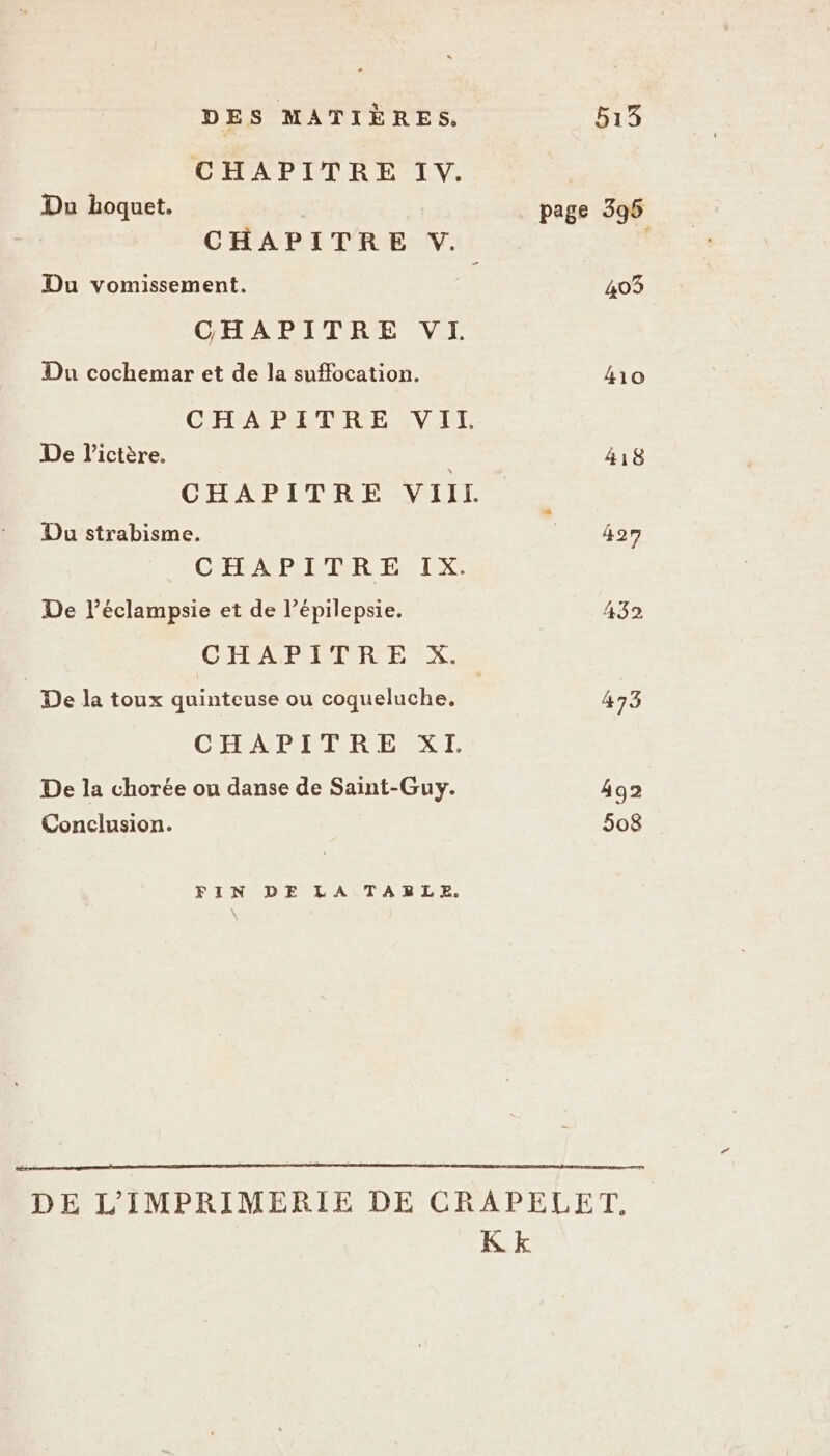 DES MATIÈRES. CHAPITRE IV. Da bhoquet. Du vomissement. CHAPITRE VI. Du cochemar et de la suffocation. CHAPITRE VII. De l’ictère. Du strabisme. CHAPITRE IX. De l’éclampsie et de l’épilepsie. De la toux quinteuse ou coqueluche. CHAPITRE XT, De la chorée ou danse de Saint-Guy. Conclusion. FIN DE LA TABLE. 492 508