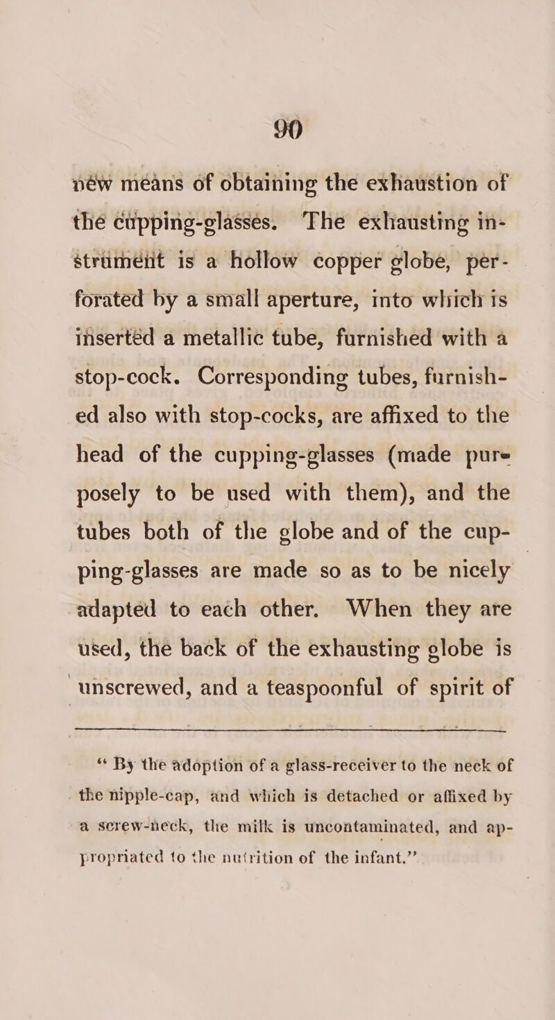 néw means of obtaining the exhaustion of the cupping-glasses. The exhausting in- strumetit is a hollow copper globe, per- forated by a small aperture, mnto which is insertéd a metallic tube, furnished with a stop-cock. Corresponding tubes, furnish- ed also with stop-cocks, are affixed to the head of the cupping-glasses (made pure posely to be used with them), and the tubes both of the globe and of the cup- ping-glasses are made so as to be nicely | adapted to each other. When they are used , the back of the exhausting globe is “unscrewed, and a teaspoonful of spirit of ‘* By the adoption of a glass-receiver to the neck of the nipple-cap, and which is detached or affixed by a screw-neck, the milk is uncontaminated, and ap- propriated to the nutrition of the infant.”