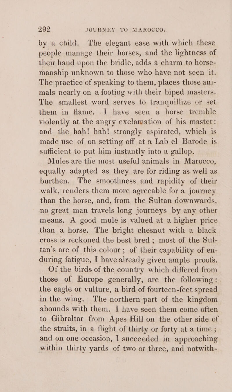 by a child. The elegant ease with which these people manage their horses, and the lightness of their hand upon the bridle, adds a charm to horse- manship unknown to those who have not seen it. The practice of speaking to them, places those ani- mals nearly on a footing with their biped masters. The smallest word serves to tranquillize or set them in flame. I have seen a horse tremble violently at the angry exclamation of his master: and the hah! hah! strongly aspirated, which is made use of on setting off at a Lab el Barode is sufficient to put him instantly into a gallop. Mules are the most useful animals in Marocco, equally adapted as they are for riding as well as burthen. The smoothness and rapidity of their walk, renders them more agreeable for a journey than the horse, and, from the Sultan downwards, no great man travels long journeys by any other means. A good mule is valued at a higher price than a horse. The bright chesnut with a black cross is reckoned the best bred ; most of the Sul- tan’s are of this colour; of their capability of en- during fatigue, I have already given ample proofs. Of the birds of the country which differed from those of Europe generally, are the following: the eagle or vulture, a bird of fourteen-feet spread in the wing. The northern part of the kingdom abounds with them. I have seen them come often to Gibraltar from Apes Hill on the other side of the straits, In a flight of thirty or forty at a time ; and on one occasion, I succeeded in approaching within thirty yards of two or three, and notwith-