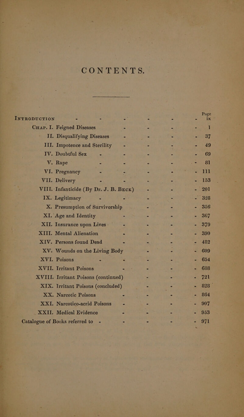 INTRODUCTION Cuap. I. II. III. IV. V. VI. VII. IX. X. XI. XII. XIII. XIV. XV. XVI. XVII. Feigned Diseases - Disqualifying Diseases ° Impotence and Sterility ° Doubtful Sex Rape Pregnancy Delivery Legitimacy Age and Identity - Insurance upon Lives - - Mental Alienation - Persons found Dead - Wounds on the Living Body Poisons Trritant Poisons 111 153 201 356 367 379 390 482 609 654 688 721 828 | 864 907 953 971