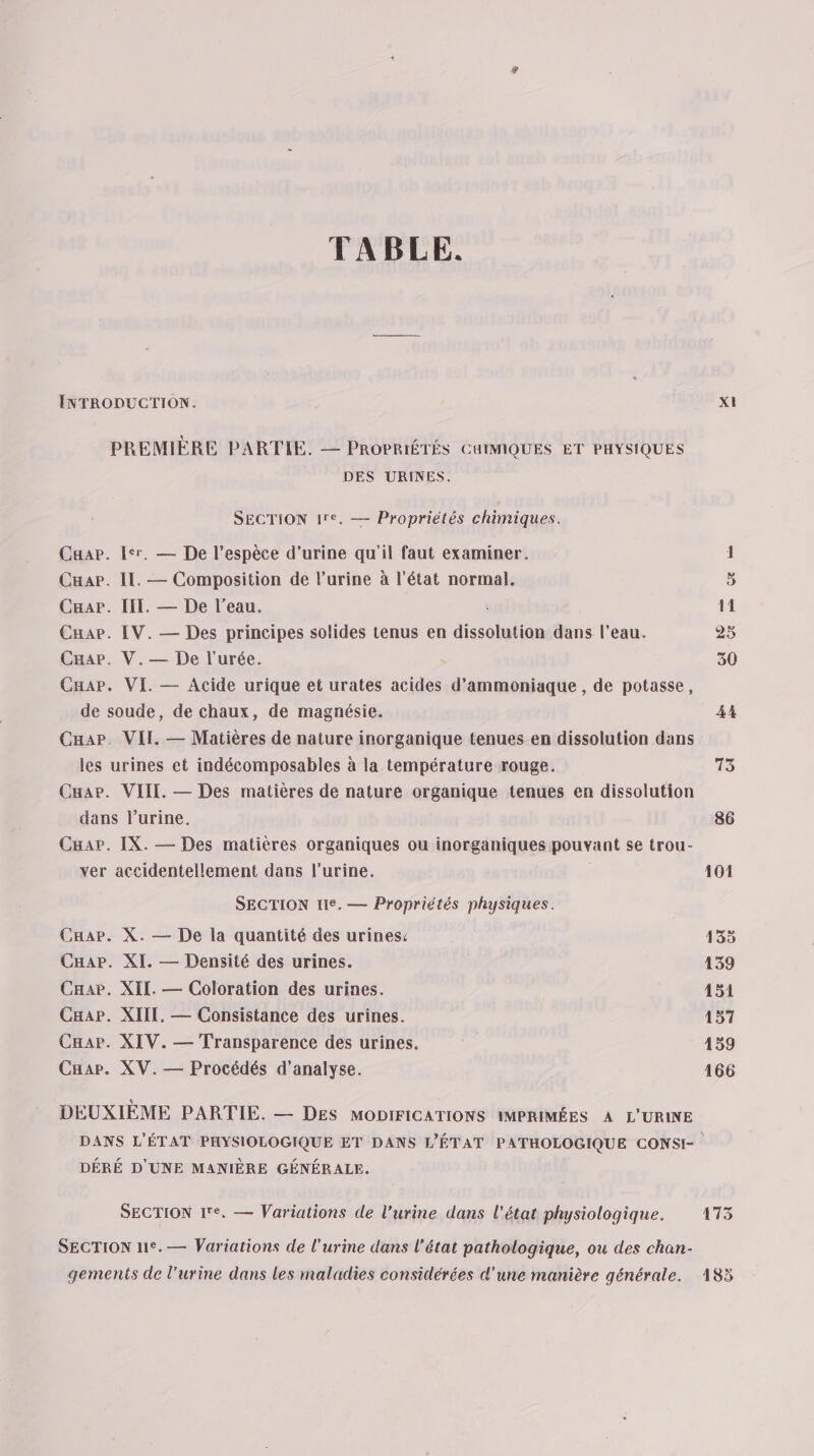 TABLE. INTRODUCTION. XI PREMIÈRE PARTIE. — PROPRIÉTÉS CUIMIQUES ET PHYSIQUES DES URINES. SECTION 1ir&lt;. — Propriétés chimiques. Cuap. Ier. — De l’espèce d'urine qu'il faut examiner. 1 Cuap. IL. — Composition de l’urine à l’état normal, 5 Car. III. — De l’eau. 11 Cuap. IV. — Des principes solides tenus en dissolution dans l’eau. 28 Cap. V.— De l'urée. 30 CuaPp. VI. — Acide urique et urates acides d’ammoniaque , de potasse, de soude, de chaux, de magnésie. 4% Cap. VII. — Matières de nature inorganique tenues en dissolution dans les urines ct indécomposables à la température rouge. 13 Cuar. VIII. — Des matières de nature organique tenues en dissolution dans l’urine. 86 Cap. IX. — Des matières organiques ou inorganiques pouvant se trou- ver accidentellement dans l'urine. | 101 SECTION lie. — Propriétés physiques. Cap. X. — De la quantité des urinesc 135 Caap. XI. — Densité des urines. 139 Cap. XII. — Coloration des urines. 451 Cap. XIII, — Consistance des urines. 157 Caap. XIV. — Transparence des urines. 459 Car. XV.— Procédés d'analyse. 166 DEUXIEME PARTIE. — DES MODIFICATIONS IMPRIMÉES A L'URINE DANS L'ÉTAT PHYSIOLOGIQUE ET DANS L’ÉTAT PATHOLOGIQUE CONSI- DÉRÉ D'UNE MANIÈRE GÉNÉRALE. SECTION 1re, — Variations de l’urine dans l'état physiologique. 173 SECTION l1°.— Variations de l'urine dans l’état pathologique, ou des chan- gements de l’urine dans les maladies considérées d’une manière générale. 4185