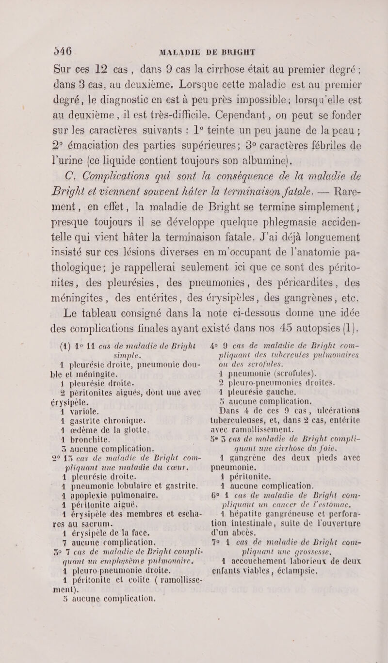 Sur ces 12 cas, dans 9 cas la cirrhose était au premier degré ; dans 3 cas, au deuxième, Lorsque cette maladie est au premier degré, le diagnostic en est à peu près impossible; lorsqu'elle est au deuxième , il est très-diffiaile. Cependant, on peut se fonder sur les caractères suivants : 1° teinte un peu jaune de Ja peau; 2° émaciation des parties supérieures; 3° caractères fébriles de l'urine {ce liquide contient toujours son albumine). C, Complications qui sont la conséquence de la maladie de Bright et viennent souvent hâler la terminaison fatale. — Rare- ment, en effet, la maladie de Bright se termine simplement, presque toujours 1] se développe quelque phlegmasie acciden- telle qui vient hâter la terminaison fatale. J'ai déjà longuement insisté sur ces lésions diverses en m'occupant de l'anatomie pa- thologique; je rappellerai seulement ici que ce sont des périto- nites, des pleurésies, des pneumonies, des péricardites, des méningites, des entérites, des érysipèles, des gangrènes, etc. Le tableau consigné dans la note ci-dessous donne une idée des complications finales ayant existé dans nos 45 autopsies {1}. (4) 40 11 cas de maladie de Bright 4° 9 cas de maladie de Bright com- simple. 1 pleurésie droite, pneumonie dou- ble et méningite. 1 pleurésie droite. 2 péritonites aiguës, dont une avec érysipèle. 4 variole. A gastrite chronique. 4 œdème de la glotte. 1 bronchite. 3 aucune complication. 20 43 cas de maladie de Bright com- pliquant une maladie du cœur. 4 pleurésie droite. 4 pneumonie lobulaire et gastrite. 4 apoplexie pulmonaire. 4 péritonite aiguë. 4 érysipèle des membres et escha- res au sacrum. 4 érysipele de la face. 7 aucune complication. 50 7 cas de maladie de Bright compli- quant un emphysème pulmonaire. A pleuro-pneumonie droite. 4 péritonite et colite ( ramollisse- ment). 5 aucune complication, pliquant des tubercules pulmonaires ou des scrofules. 4 pneumonie (scrofules). 2 pleuro-pneumonies droites. 1 pleurésie gauche. 5 aucune complication. Dans 4 de ces 9 cas, ulcérations tuberculeuses, et, dans 2 cas, entérite avec ramollissement. 5e 3 cas de maladie de Bright compli- quant une cirrhose du foie. 4 gangrène des deux pieds avec pneumonie. 4 péritonite. 4 aucune complication. G° 4 cas de maladie de Bright com- pliquant un cancer de l'estomac. 4 hépatite gangréneuse et perfora- tion intestinale, suite de l'ouverture d’un abcès. T° À cas de maladie de Bright com- pliquant une grossesse. 4 accouchement laborieux de deux enfants viables, éclampsie.