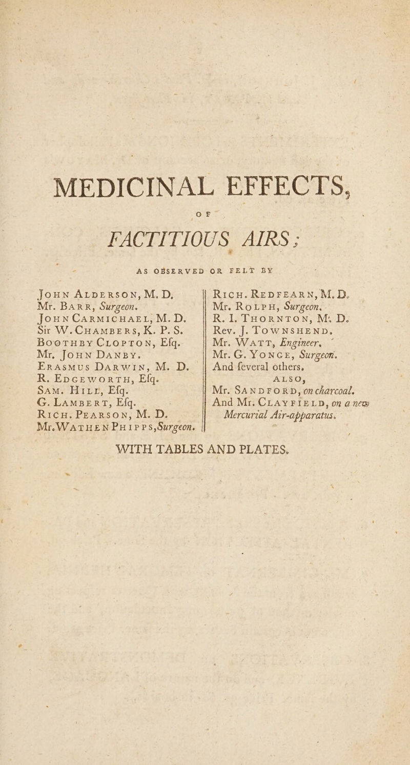 MEDICINAL EFFECTS, FACTITIOUS AIRS ; - AS OBSERVED OR FELT BY jJoun ALtpERSON,M.D, Ricu. REDFEARN, M.D. Mr. Barr, Surgeon. Mr. Roupn, Surgeon, Joun CARMICHAEL, M.D. R. 1. THornton, M.D. Sir W. CHAMBERS, K. P.S. Rev. J. TOWNSHEND. BooTHBy CLopTon, Efq. Mr. Watt, Engineer, ~ Mr, JoHN Dany. Mr. G. Yonce, Surgeon. ErRAsSMUS DARWIN, M. D. And feveral others. R. Enpceworruh, Efq. ALSO, SAM. Hitz, Efq. Mr. SANDFORD, oncharcoal. G. LAMBERT, Efq. And Mr. CLAYFIELD, on anew Ricu. Pearson, M. D. Mercurial Air-apparatus. Mr.WATHEN Pu ipps, Surgeon. WITH TABLES AND PLATES.
