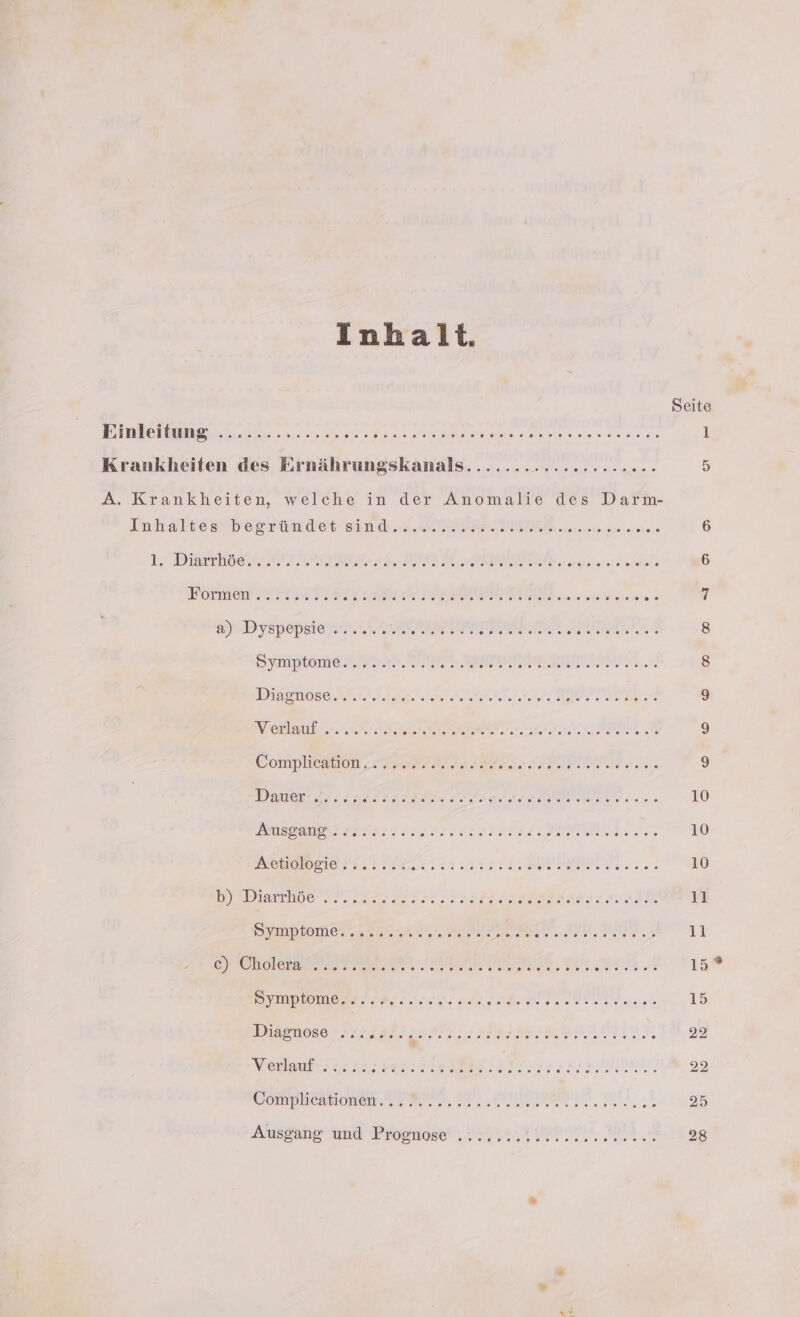 Inhalt. Seite Einleitung ............. ee Po era na a Be ne 1 Krankheiten des Ernährungskanals........... ee 5 A. Krankheiten, welche in der Anomalie des Darm- Inhalte Pegsrinditnd RRETENER rennen en 6 7 DENN IE E20 a ER 6 Former tl2TR A 2 INNEREN: : Be 7 a) Dyspepsie ..... RR ESRTTSRNUTTON NER EE 8 Syptiomerrr RE RBRS a HE PAR, 8 1 SR SR A Re AERAOBRABRA RER zer 9 Venlaus rn EN BAR NM 9 Eomplieation ae, ARE ER g IE RE EL ERST rl HERREN 10 ON STERN EER E 8 er 10 Aetiologie :7:..:% EEE N N EN ; 10 b) Diarrhöe BEINEN SATIN SAN NH 32ER 11 SnblomenerI ee RO ES v1 oO) Cholera Te ER AP NE EL ER 50 15 Symptome..... ee Kan N ar ala 15 Diagnose 22.58}: Lereeneeknsnnernenennen 2 22 Velui22e RER d Er Area 22 to er en Se A Re EA ie A | 25 Anstand Proton ei Di 28 »