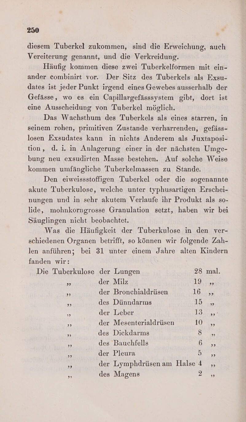 diesem Tuberkel zukommen, sind die Erweichung, auch Vereiterung genannt, und die Verkreidung. Häufig kommen diese zwei Tuberkelformen mit ein- ander combinirt vor. Der Sitz des Tuberkels als Exsu- dates ist jeder Punkt irgend eines Gewebes ausserhalb der Gefässe, wo es ein Capillargefässsystem gibt, dort ist eine Ausscheidung von Tuberkel möglich. Das Wachsthum des Tuberkels als eines starren, in seinem rohen, primitiven Zustande verharrenden, gefäss- losen Exsudates kann in nichts Anderem als Juxtaposi- tion, d. i, in Anlagerung einer in der nächsten Umge- bung neu exsudirten Masse bestehen. Auf solche Weise kommen umfängliche Tuberkelmassen zu Stande. Den eiweissstoffigen Tuberkel oder die sogenannte akute Tuberkulose, welche unter typhusartigen Erschei- nungen und in sehr akutem Verlaufe ihr Produkt als so- lide, mohnkorngrosse Granulation setzt, haben wir bei Säuglingen nicht beobachtet. Was die Häufigkeit der Tuberkulose in den ver- schiedenen Organen betrifft, so können wir folgende Zah- len anführen; bei 31 unter einem Jahre alten Kindern fanden wir: Die Tuberkulose der Lungen 28 mal. au der Milz LORaE ” der Bronchialdrüsen 022 n des Dünndarms ee iR der Leber oane ” der Mesenterialdrüsen TO = des Dickdarms De $ des Bauchfells EIER ge der Pleura re x der Lymphdrüsenam Halse 4 ,, x: des Magens DEN