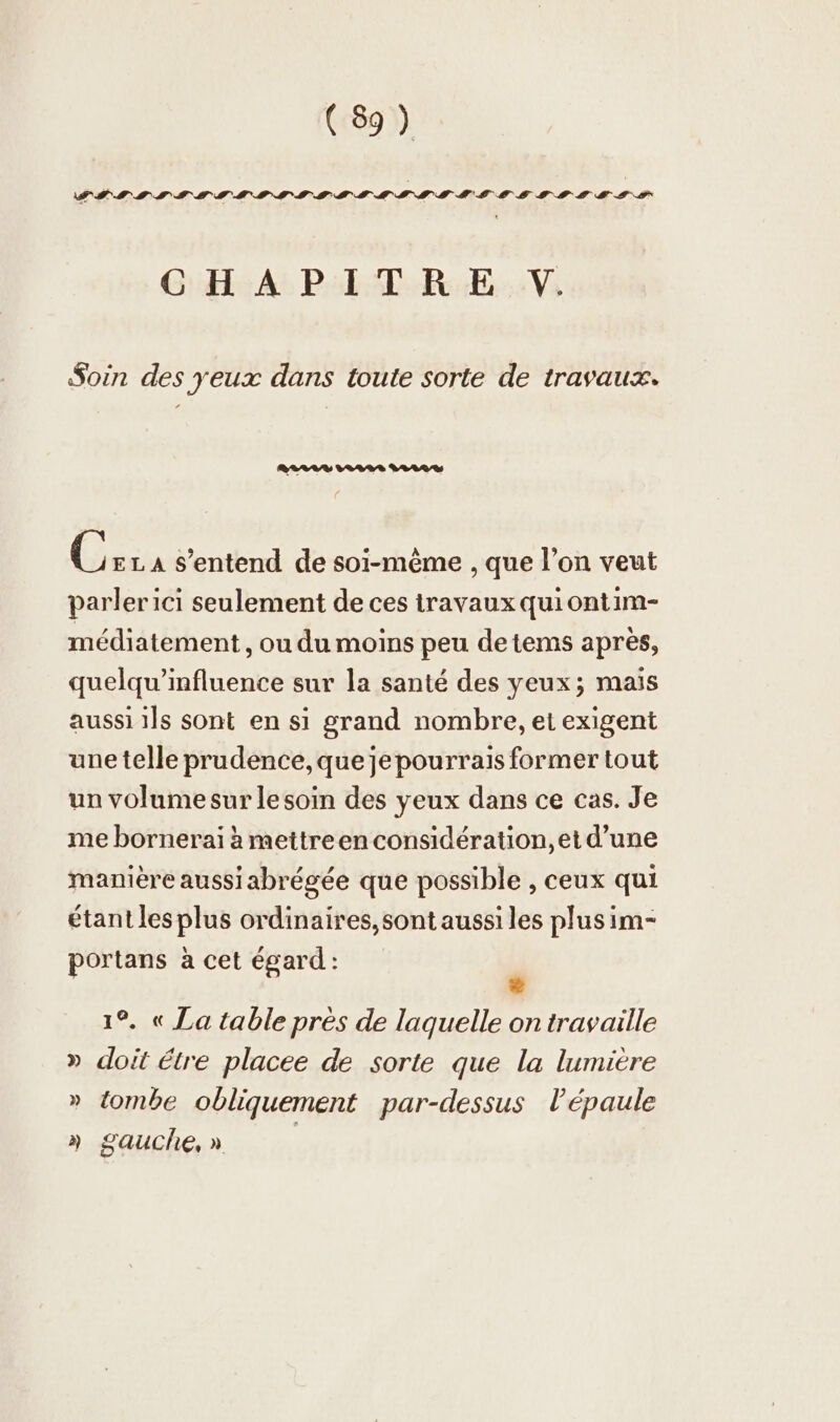 CHAPITREV. Soin des yeux dans toute sorte de travaux. C ELA S’entend de soi-même , que l’on veut parler ici seulement de ces iravaux quiontim- médiatement , ou du moins peu de tems après, quelqu’influence sur la santé des yeux; mais aussi ils sont en si grand nombre, et exigent une telle prudence, que jepourrais former tout un volume sur lesoin des yeux dans ce cas. Je me bornerai à mettreen considération, et d’une manière aussi abrégée que possible , ceux qui étant les plus ordinaires, sont aussi les plus im- portans à cet égard: | = 1°. « La table pres de laquelle on travaille » doit étre placee de sorte que la lumière » tombe obliquement par-dessus l'épaule » gauche, »