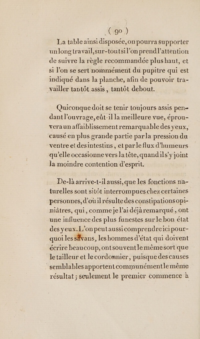 _{ go ) La table ainsi disposée, on pourra supporter unlongtravail,sur-toutsi l’on prendl’attention de suivre la regle recommandée plus haut, et si l’on se sert nommement du pupitre qui est indiqué dans la planche, afin de pouvoir tra- vailler tantöt assis, tantôt debout. Quiconque doit se tenir toujours assis pen- dant l'ouvrage, eût-1l la meilleure vue, éprou- veraun aflaiblissement remarquable des yeux, causé en plus grande partie par la pression du ventre et desintestins, et par le flux d’humeurs qu’elle occasionne vers la tête, quandils’y joint la moindre contention d’esprit. De-là arrive-t-il aussi, que les fonctions na- iurelles sont sitôt interrompues chez certaines personnes, d’ouil résulte des constipationsopt- niätres, qui, comme je l’ai dejaremarque , ont une influence des plus funestes sur le bon état des yeux.L’on peutaussicomprendreici pour- quoi les s@vans, leshommes d’etat qui doivent ecrire beaucoup, ontsouventlememe sort que le tailleur et le cordonnier, puisque des causes semblables apportent communémentlemême résultat ; seulement le premier commence à