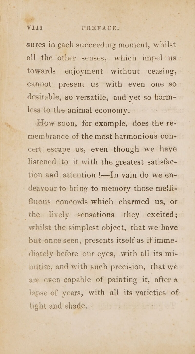 VIET a” PREFACE. sures in each succeeding moment, whilst all the other senses, which impel ‘us towards enjoyment without ceasing, cannot present us with even one so desirable, so versatile, and yet so harm- less to the animal economy. Tiow soon, for example, does the re- membrance of the most harmonious con- cert escape us, even though we have listened to it with the greatest satisfac- tion and attention !—In vain do we en- deavour to bring to memory those melili- fluous concords which charmed us, or whilst the simplest object, that we have but once seen, presents itself as if imme- diately before our eyes, with all its mi- nutiee, and with such precision, that we are even capable of painting it, after a lapse of years, with all its varieties of light and shade.