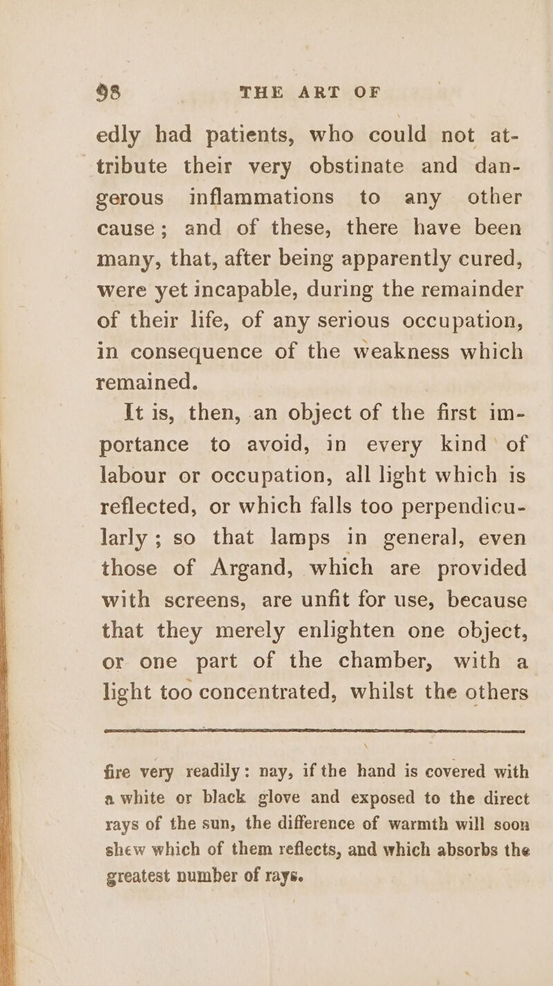 edly had patients, who could not at- tribute their very obstinate and dan- gerous inflammations to any _ other cause; and of these, there have been many, that, after being apparently cured, were yet incapable, during the remainder of their life, of any serious occupation, in consequence of the weakness which remained. It is, then, an object of the first im- portance to avoid, in every kind of labour or occupation, all light which is reflected, or which falls too perpendicu- larly ; so that lamps in general, even those of Argand, which are provided with screens, are unfit for use, because that they merely enlighten one object, or one part of the chamber, with a light too concentrated, whilst the others fire very readily: nay, if the hand is covered with a white or black glove and exposed to the direct rays of the sun, the difference of warmth will soon shew which of them reflects, and which absorbs the greatest number of rays.