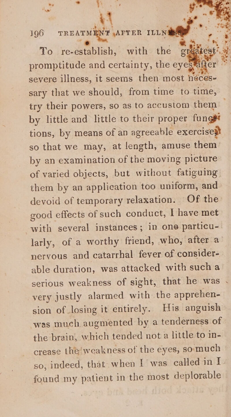 ee a 196 TREATS ,AFTER ILLN! promptitude and certainty, the Cy severe illness, it seems then most heces- sary that we should, from time to time, by little and little to their proper fungei tions, by means of an agreeable exercise)! so that we may, at length, amuse them by an examination of the moving picture of varied objects, but without fatiguing them by an application too uniform, and devoid of temporary relaxation. Of the good effects of such conduct, | have met with several instances; in one particu- larly, of a worthy friend, who, after a’ nervous and catarrhal fever of consider- able duration, was attacked with sucha serious weakness of sight, that he was very justly alarmed with the apprehen- sion of losing it entirely. His anguish was much augmented by a tenderness of the brain, which tended not a little to m- crease the: weakness of the eyes, somuch found my patient in the most deplorable /