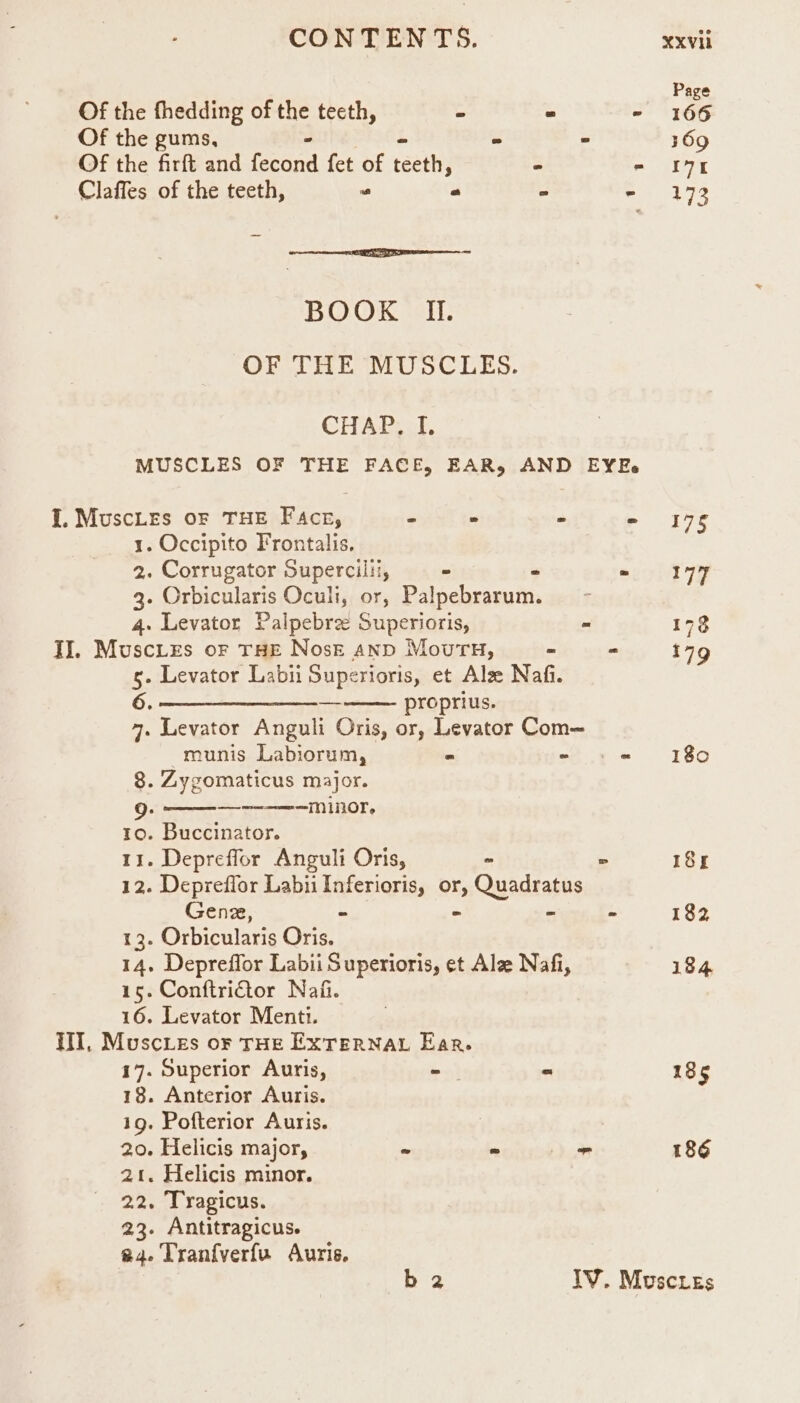 Of the fhedding of the teeth, - - : Of the gums, 3 - Of the firft and faaed fet of rect - - Claffes of the teeth, * « - : i ee BOOK MII. OF THE MUSCLES. CHAP. I. MUSCLES OF THE FACE, EAR, AND EYE I. Muscles oF THE Face, m « “ sa 1. Occipito Frontalis, 2. Corrugator Supercilii, . a 3. Orbicularis Oculi, or, Palpebrarum, 4. Levator Palpebrz Superioris, - JJ. Muscies oF THE NoskE anp Mourn, - - g. Levator Labii Superioris, et Alze Nafi. 6, proprius. 4. Levator Anguli Oris, or, Levator Com— munis Labiorum, - - 2 « 8. Zygomaticus major. 9. ———--——-minor, to. Buccinator. 11. Depreffor Anguli Oris, = 12. Depreflor Labii Inferioris, oN Quadtatns Genz, - ~ - ep Orbicularis Oris. 14. Depreffor Labii Superioris, et Ale Nafi, 15. Conftri€tor Nail. 16. Levator Menti. YT, Muscies or THE EXTERNAL Ear. 17. Superior Auris, - - 18. Anterior Auris. 1g. Pofterior Auris. 20. Helicis major, # 4 ae 21. Helicis minor. 22. Tragicus. 23. Antitragicus. a4. Tranfverfu Auris, 180 I8fZ 182 184 185 186