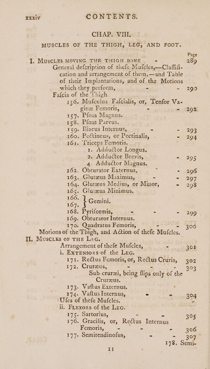 CHAP. VIII. MUSCLES OF THE THIGH, LEG, AND FOOT. Page {. MuscLEs MOVING THE THIGH BONE “ 289 General defcription of thefe Mufcles,—Clafif- cation and arrangement of them,—and Table of their Implantations, and of the Motions which they perform, - - 290 Fafcia of the Vhigh. 156. Mufculus Fafcialis, or, Tenfor Va- ginze Femoris, - - 292 167. Pfoas Magnus. 158. Pfoas Parvus. 159. Tiacus Internus, - - 293 160. Pediineus, or Pectinalis, - 204 161. Vriceps femoris. | 1. Adductor Longus. 2. Adductor Brevis, - 2095 4, Adductor Magnus. 162. Obturator Externus, : = 206 163. Gluteus Maximus, ~ - 2097 164. Gluteus Medius, or Minor, - 298 165. Glutzus Minimus, | 166. ie we emini. 167, 168. Pyriformis, - - - 299 169. Obturaror Internus. : | 170. Quadratus Femoris, 300 Motions of die Thigh, and AQion of thefe Muteles. Il, Muscius or rue Lec. : Arrangement of thefe Mufcles, = 308 i, Exrensorsof the Lec. 7 171. Reé€tus Femoris, or, ReCtus Cruris, 302 172. Crurzus, - 393 Sub-crurzei, being flips. only of the Crurzeus. 173. Vaftus Externus. | . 174. VaftusInternus, — = 304 Ules of thefe Mufcles. + il. Furexors of the Lec. 175. Sartorius, - 305 176. Gracilis, or, Reétus ernie Femoris, o- - = 306 37'7. Semitendinofus, - “ ° 7 178, Semi- II