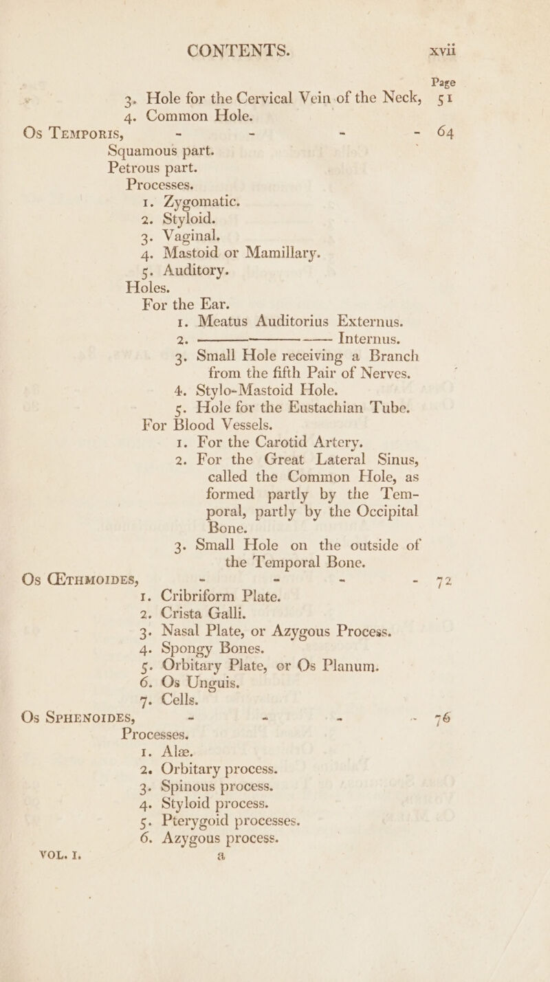 Page 3. Hole for the Cervical Vein.of the Neck, 51 4. Common Hole. | Os Temporis, : - - - 64 Squamous part. Petrous part. Processes. 1. Zygomatic. 2. Styloid. 3. Vaginal. 4. Mastoid or Mamillary. 5. Auditory. Holes. For the Ear. 1. Meatus Auditorius Externus. ra ———- Internus. 3. Small Hole receiving a Branch from the fifth Pair of Nerves. 4. Stylo-Mastoid Hole. 5. Hole for the Eustachian Tube. For Blood Vessels. 1. For the Carotid Artery. 2. For the Great Lateral Sinus, called the Common Hole, as formed partly by the Tem- poral, partly by the Occipital Bone. 3. Small Hole on the outside of the Temporal Bone. Os CETHMOIDES, - = 1. Cribriform Plate. 2. Crista Galli. 3- Nasal Plate, or Azygous Process. 4. Spongy Bones. 5. Orbitary Plate, er Os Planum. 6. Os Unguis. 7. Cells. Os SPHENOIDES, “ * ; ~ 76 Processes. 1. Ale. 2. Orbitary process. 3. Spinous process. 4. Styloid process. 5. Pterygoid processes. 6. Azygous process. VOL. I. a