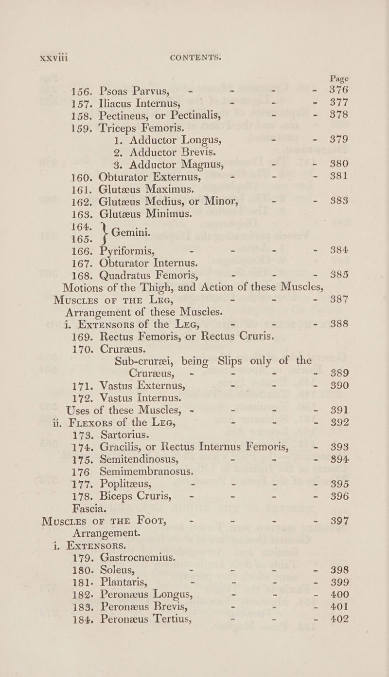 Psoas Parvus, - ~ Iliacus Internus, = Pectineus, or Pectinalis, Triceps Femoris. 1. Adductor Longus, 2, Adductor Brevis. 3. Adductor Magnus, Obturator Externus, - Glutzeus Maximus. Glutaeus Medius, or Minor, Glutzeus Minimus. Gemini. Pyriformis, - - Obturator Internus. Quadratus Femoris, - Crurseus, - Vastus Internus. Sartorius. Muscles, Semitendinosus, - Semimembranosus. Poplitzeus, - - Biceps Cruris, = - = Gastrocnemius. Soleus, - = Plantaris, - = Peroneus Longus, - Peroneus Brevis, - Page 376 377 378 ee, 380 381 883 384 385 387 388 389 390 391 392 oo 394 Boo 396 397 398 399 4.00 401 402