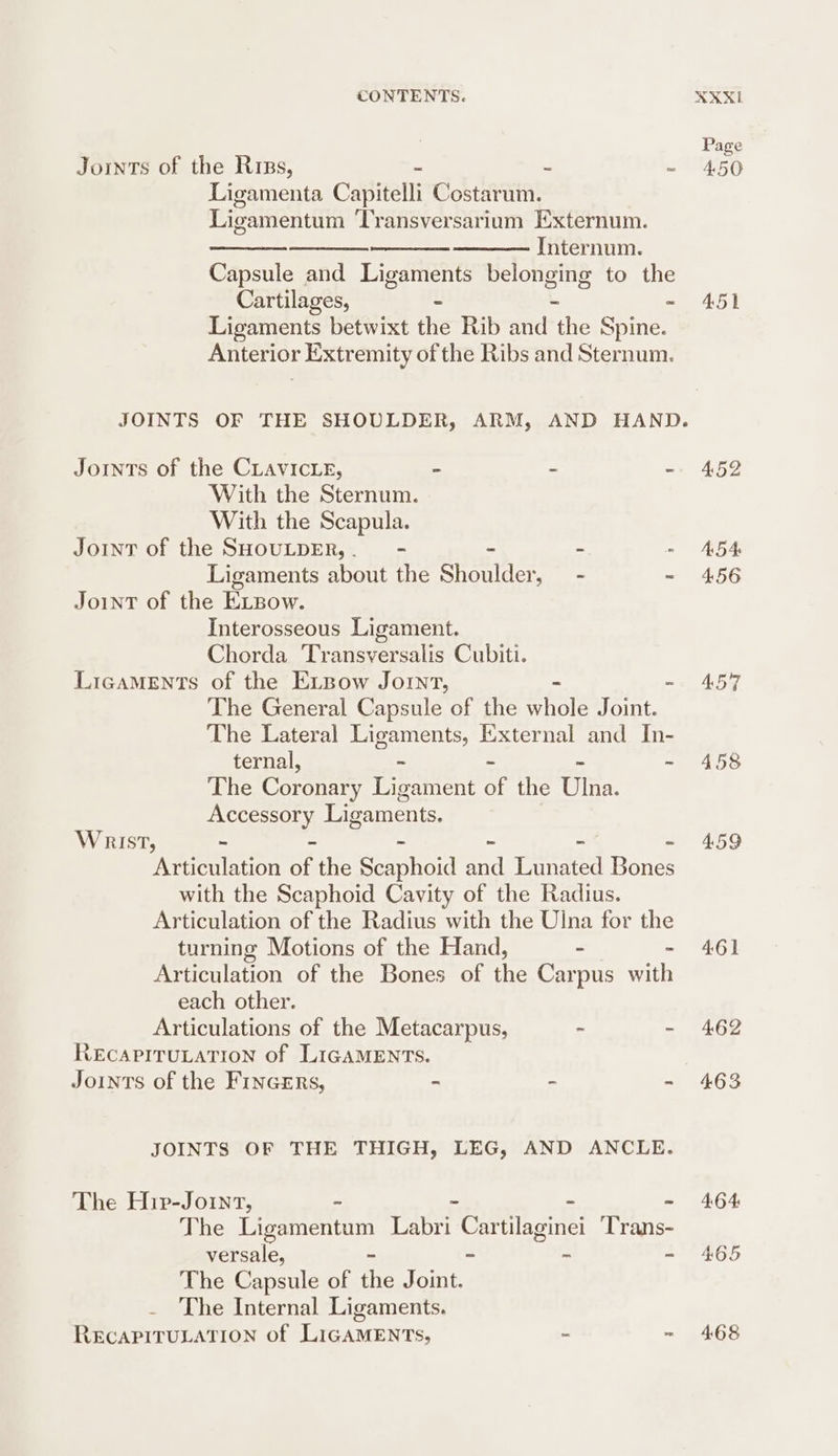 Page Jornts of the Rrss, = a Sem eet Ligamenta Capitelli Costarum. Ligamentum ‘Transversarium Externum. ne eae Hane Internum. Capsule and Ligaments belonging to the Cartilages, - - 451 Ligaments betwixt the Rib and the Spine. Anterior Extremity of the Ribs and Sternum. JOINTS OF THE SHOULDER, ARM, AND HAND. Joints of the CLavicueE, - - - 452 With the Sternum. With the Scapula. Joint of the SHOULDER,. - - - - A454 Ligaments about the Shoulder, — - - 456 Joint of the Exzow. Interosseous Ligament. Chorda Transversalis Cubiti. LicaMENTs of the Exizow Joint, - 457 The General Capsule of the atts Joint. The Lateral en External and In- ternal, - 458 The Coronary iLghezavtent of the Utna. Pee: Ligaments. WRIST, ~ - ~ - - 459 Articulation eh the Scaphoid and Lunated Bones with the Scaphoid Cavity of the Radius. Articulation of the Radius with the Ulna for the turning Motions of the Hand, - 461 Articulation of the Bones of the Carpus ein each other. Articulations of the Metacarpus, - - 462 RECAPITULATION of LIGAMENTS. Joints of the Fincers, - ~ - 463 JOINTS OF THE THIGH, LEG, AND ANCLE. The Hip-Joint, - ~ - - 464 The Ligamentum Labri Cartilaginei Trans- versale, ~ - ~ - 465 The Capsule of the Joint. . The Internal Ligaments. RECAPITULATION of LIGAMENTS, - - 468