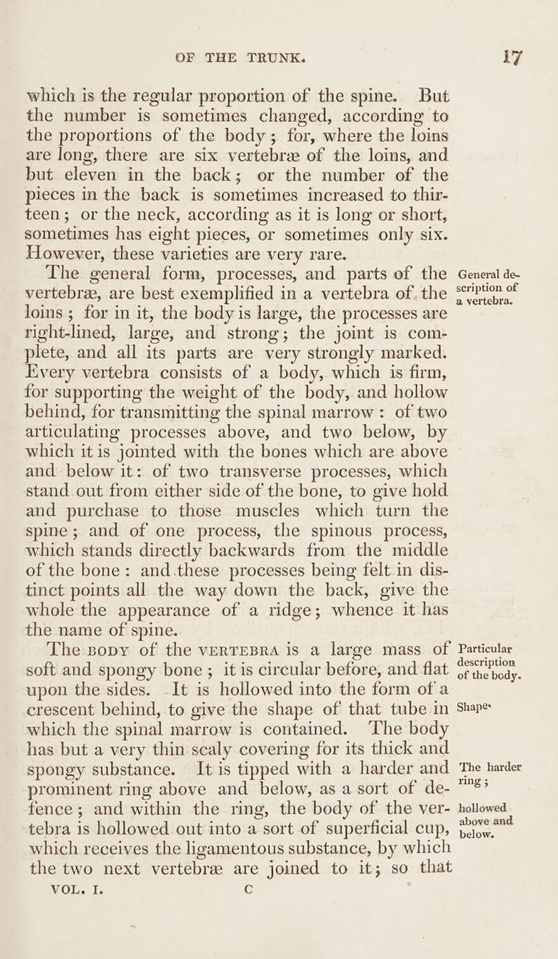 which is the regular proportion of the spine. But the number is sometimes changed, according to the proportions of the body; for, where the loins are long, there are six vertebree of the loins, and but eleven in the back; or the number of the pieces in the back is sometimes increased to thir- teen; or the neck, according as it is long or short, sometimes has eight pieces, or sometimes only six. However, these varieties are very rare. The general form, processes, and parts of the vertebree, are best exemplified in a vertebra of, the loins ; for in it, the body is large, the processes are right-lined, large, and strong; the joint is com- plete, and all its parts are very strongly marked. Every vertebra consists of a body, which is firm, for supporting the weight of the body, and hollow behind, for transmitting the spinal marrow: of two articulating processes above, and two below, by which it is jointed with the bones which are above and below it: of two transverse processes, which stand out from either side of the bone, to give hold and purchase to those muscles which turn the spine; and of one process, the spinous process, which stands directly backwards from the middle of the bone: and.these processes being felt in dis- tinct points all the way down the back, give the whole the appearance of a ridge; whence it has the name of spine. The popy of the vERTEBRA is a large mass of soft and spongy bone ; it is circular before, and flat upon the sides. -It is hollowed into the form of a crescent behind, to give the shape of that tube in which the spinal marrow is contained. ‘The body has but a very thin scaly covering for its thick and spongy substance. It is tipped with a harder and prominent ring above and below, as a sort of de- fence; and within the ring, the body of the ver- tebra is hollowed out into a sort of superficial cup, which receives the ligamentous substance, by which the two next vertebrae are joined to it; so that VOL. I: C General de- scription of a vertebra. Particular description of the body. Shapes The harder ring ; hollowed above and below.