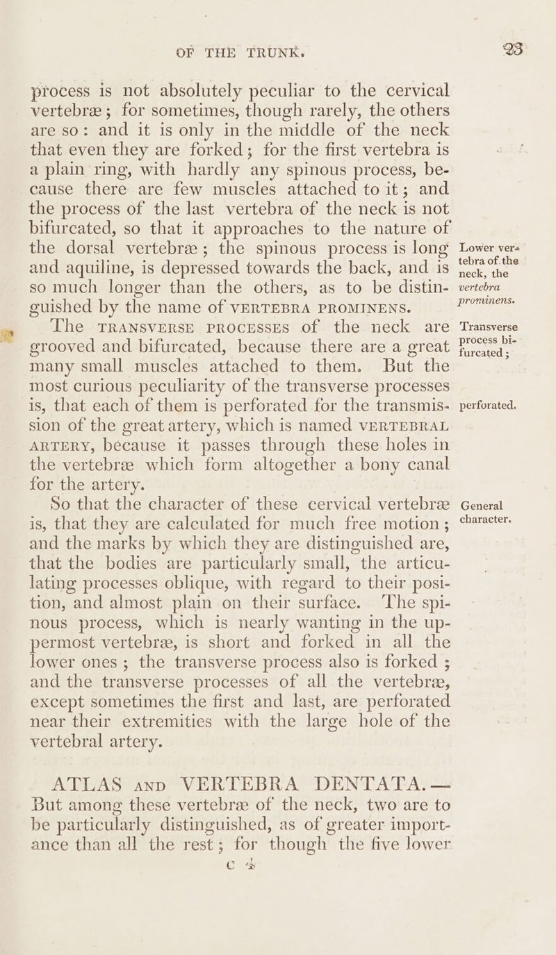 process is not absolutely peculiar to the cervical vertebre ; for sometimes, though rarely, the others are so: and it is only in the middle of the neck that even they are forked; for the first vertebra is a plain ring, with hardly any spinous process, be- cause there are few muscles attached to it; and the process of the last vertebra of the neck is not bifurcated, so that it approaches to the nature of the dorsal vertebree; the spinous process is long and aquiline, is depressed towards the back, and is so much longer than the others, as to be distin- guished by the name of VERTEBRA PROMINENS. The TRANSVERSE PRrocEssES of the neck are grooved and bifurcated, because there are a great many small muscles attached to them. But thie most curious peculiarity of the transverse processes is, that each of them is perforated for the transmis- sion of the great artery, which is named VERTEBRAL ARTERY, because it passes through these holes in the vertebree which form altogether a bony canal for the artery. So that the character of these cervical vertebrze is, that they are calculated for much free motion ; and the marks by which they are distinguished are, that the bodies are particularly small, the articu- lating processes oblique, with regard to their posi- tion, and almost plain on their surface. ‘The spi- nous process, which is nearly wanting in the up- permost vertebra, is short and forked in all the lower ones ; the transverse process also is forked ; and the transverse processes of all the vertebra, except sometimes the first and last, are perforated near their extremities with the large hole of the vertebral artery. ATLAS anp VERTEBRA DENTATA. — But among these vertebree of the neck, two are to be particularly distinguished, as of greater import- ance than all the rest; for though the five lower Gris Lower vere tebra of. the neck, the vertebra promimens. Transverse process bi- furcated ; perforated. General character.