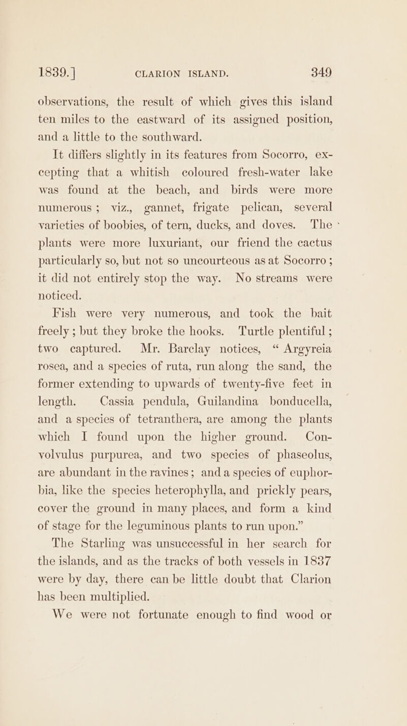 observations, the result of which gives this island ten miles to the eastward of its assigned position, and a little to the southward. It differs slightly in its features from Socorro, ex- cepting that a whitish coloured fresh-water lake was found at the beach, and birds were more numerous ; viz, gannet, frigate pelican, several varieties of boobies, of tern, ducks, and doves. The &gt; plants were more luxuriant, our friend the cactus particularly so, but not so uncourteous as at Socorro ; it did not entirely stop the way. No streams were noticed. Fish were very numerous, and took the bait freely ; but they broke the hooks. Turtle plentiful ; two captured. Mr. Barclay notices, “ Argyreia rosea, and a species of ruta, run along the sand, the former extending to upwards of twenty-five feet in length. Cassia pendula, Guilandina bonducella, and a species of tetranthera, are among the plants which I found upon the higher ground. Con- volvulus purpurea, and two species of phaseolus, are abundant in the ravines; anda species of euphor- bia, like the species heterophylla, and prickly pears, cover the ground in many places, and form a kind of stage for the leguminous plants to run upon.” The Starling was unsuccessful in her search for the islands, and as the tracks of both vessels in 1837 were by day, there can be little doubt that Clarion has been multiplied. We were not fortunate enough to find wood or