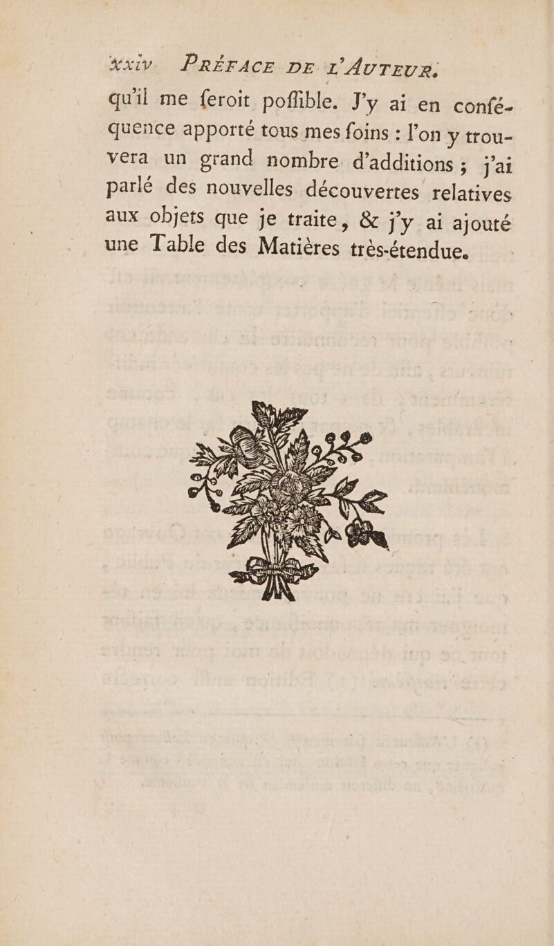 qu'il me feroit poffible. Jy ai en confé- quence apporté tous mes foins : l'on y trou- vera un grand nombre d’additions ; jai parle des nouvelles découvertes relatives aux objets que je traite, &amp; Jy ai ajouté une Table des Matières très-étendue.