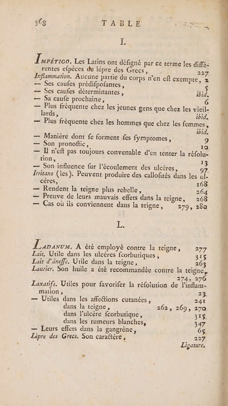 i I MPÉTIGO. Les Latins ont défigné par ce terme les d'ffs: rentes efpèces de lèpre des Grecs, 227 Inflammation. Aucune partie du corps n’en eft exempte, 2 — Ses caufes prédifpofantes, — Ses caufes déterminantes , à — Sa caufe prochaine, 6 — Plus fréquente chez les jeunes gens que chez les vieil- lards , ibid. — Plus fréquente chez les hommes que chez les femmes, ibid, — Manière dont fe forment fes fÿmptomes, 9 — Son pronoftic, 10 — I reft pas toujours convenable d’en tenter la réfolu- tion, 13 — Son influence fur l’éconlement des ulcères, 97, Irritans (les). Peuvent produire des callofités dans les al- cères, 168 — Rendent la teigne plus rebelle, 264 — Preuve de leurs mauvais effets dans la teigne, 268 — Cas où ils conviennent dans la teigne , 279, 289 EE Lipavvy. À été employé contre la teigne, 277 Lau, Uule dans les ulcères fcorbutiques , 315 Lait d’aneffe. Utile dans la teigne , 263 Laurier. Son huile a été recommandée contre la teigne, 274, 276 Laxatifs. Utiles pour favorifer la réfolution de Vinflam- mation , 24 — Utiles dans les affeétions cutanées, 241 dans la teigne, 262, 269, 270 dans lulcère fcorbutique, 315. dans les tumeurs blanches, 347 — Leurs effets dans la gangrène, 65. Lepre des Grecs, Son caractère, 227 Ligature.