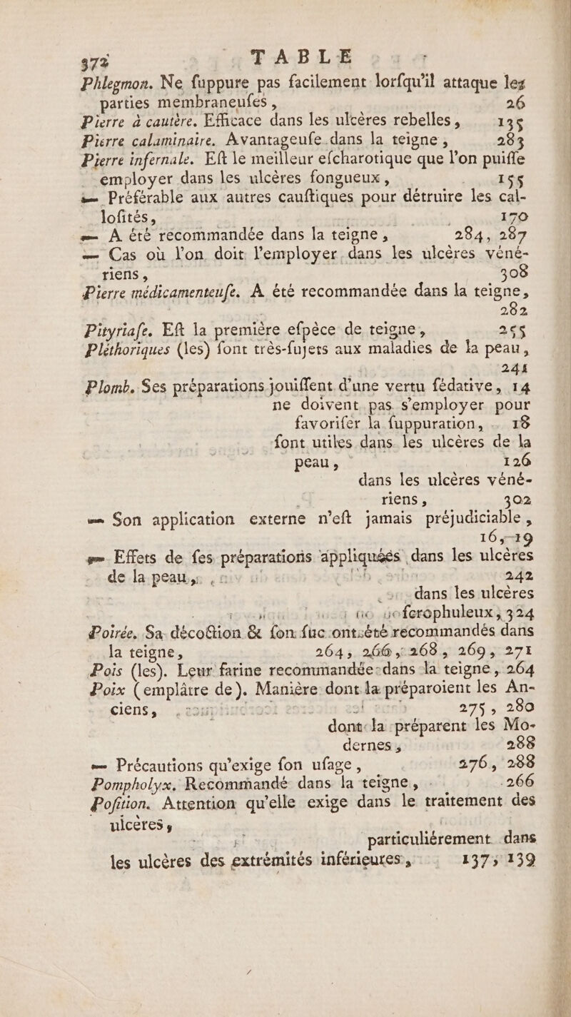 37% TABLE Phlegmon. Ne fuppure pas facilement lorfqu'il attaque les parties membraneufes , 2 Pierre à cautère. Efficace dans les ulcères rebelles, 135 Pierre calaminaire. Avantageufe dans la teigne , 283 Pierre infernale. Eft le meilleur efcharotique que l’on puifle employer dans les ulcères fongueux, 7 w= Préférable aux autres cauftiques pour détruire les cal- lofités, 170 — A été recommandée dans la teigne, 284, 287 — Cas où l’on doit l’'employer, dans les ulcères véné- CTI 308 Pierre médicamenteufe. A été recommandée dans la teigne, | | 282 Pityriafe. Eft la première efpèce de teigne, 26$ Pléthoriques (les) font très-fujets aux maladies de la peau, | 241 Plomb. Ses préparations jouiffent. d’une vertu fédative, 14 | ne doivent pas s'employer pour favorifer la fuppuration, . 18 font utiles dans les ulcères de la peau, 126 dans les ulcères véné- riens , 302 = Son application externe n'eft jamais préjudiciable, 165-39 ge» Effets de fes préparations appliquéés dans les ulcères de la peau ,: 242 | ... dans les ulcères ; VOIE 1 ao voferophuleux, 324 Poirée. Sa- décoGion &amp; fon: fuc ont:été recommandés dans la teigne, 264, 260,268, 269, 271 Pois (les). Leur farine recommandée-dans la teigne , 264 Poix (emplâtre de). Manière dont la préparoient les An- CIEns, eH} : 275 5.200 dont: la préparent les Mo- dernes 5 288 = Précautions qu’exige fon ufage , 276, 288 Pompholyx. Recommandé dans la teigne, - .266 Pofition. Attention qu'elle exige dans le traitement des uiceres, Le | f particuliérement dans les ulcères des extrémités inférieures, 1375 139