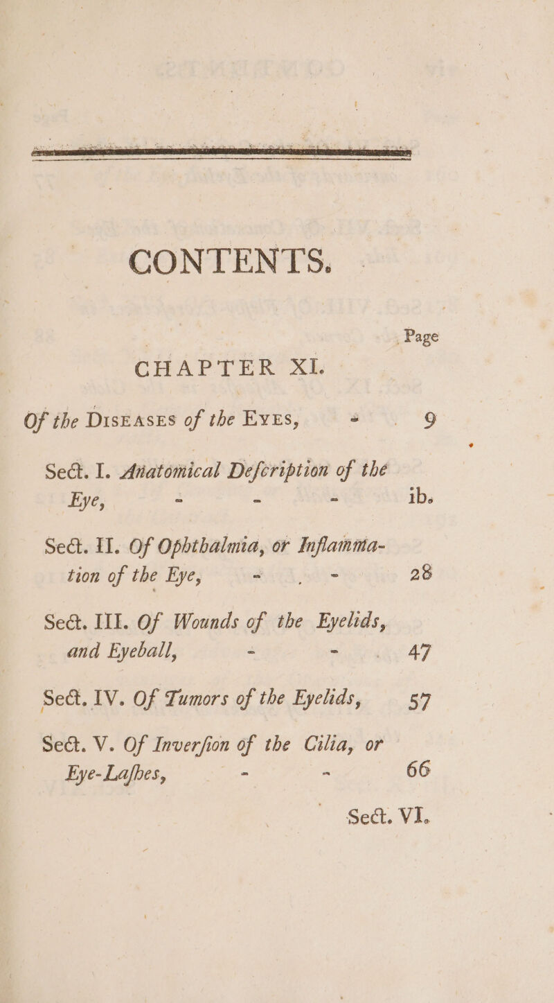 | Page CHAPTER XI. Of the Diseases of the Evzs, mrig “9 Sect. 1. Anatomical Defeription of the ye, = = - ib. Sect. II. Of Ophthalmia, or Inflamma- tion of the Eye, RAGA Sei &gt; 28 Sect. III. Of Wounds of the Eyelids, and Eyeball, - eu aeek. 49 Sed. IV. Of Tumors of the Eyelids, 57 Sect. V. Of Inverfion of the Cilia, or Eye-Lafpes, 9 &gt; : 66