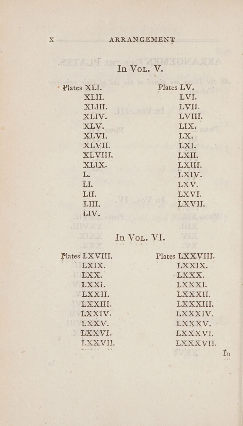 In Vou. V. ‘ Plates XLI. Plates LV. XLII. LVi- GONE LVii. XLIV. LVIII. de Ea ibe XLVI. LX. XLVI. &lt;4 F XLVI. LXII. pre eee LXIIl. i Lily. LI. , LXV. pir Pov: LIII. ROTATE LIV. eae In Vou. VI. Plates LX VIII. Plates LX XVIII. | VTS. BOAT Xe, LXX. LXXX. LXXI. LAOEXT. EXXII. LXYSXII. Xml. LX XXIII. LXXIV. LXEXXIV. POR. LEX V. LX XVI. ERX VI. LXXVIL LXXXVII.