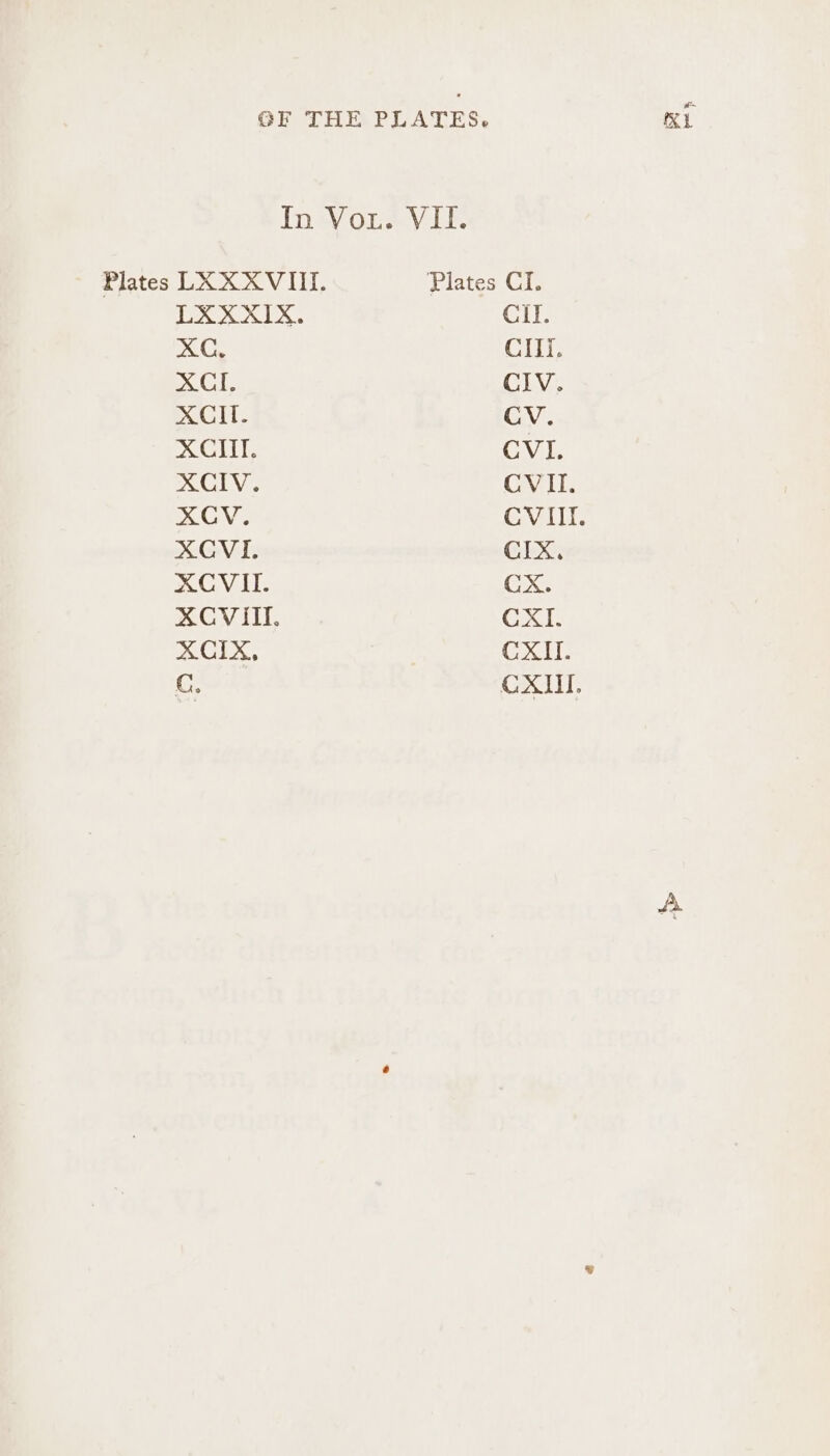 Ba a) OF THE PLATES, In Vou. VII. Plates LXX XVIII. Plates CI. bd... 9.@ Cll. Cy CHI. CL CIV. CH: CV. XG CVI. XCIV. CVII. RCV: CVIII. SGV GkxX XCVII. Cx. MeV II, xT XCIX, CX.